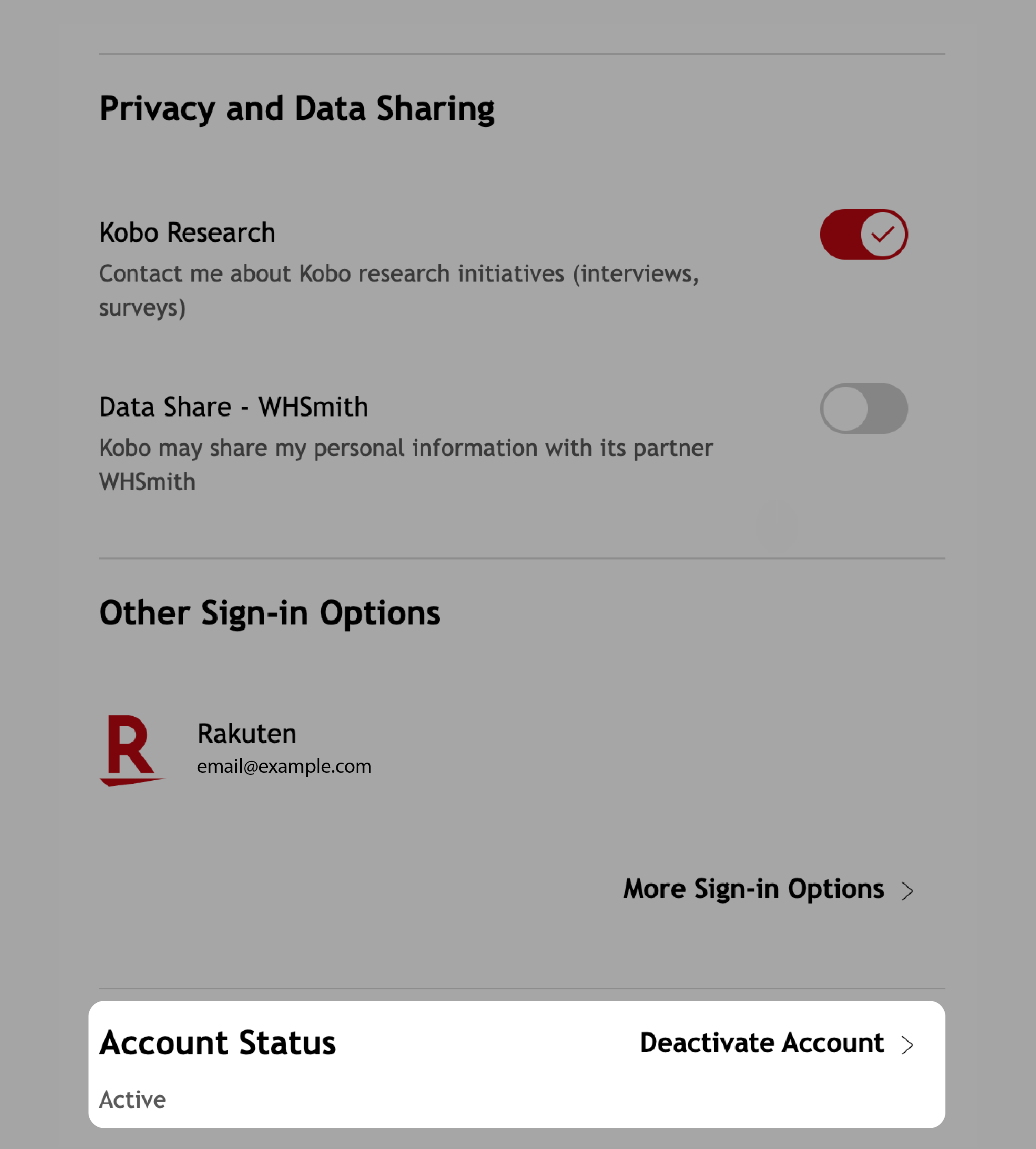 Kobo.com Privacy and Data Sharing window with the Account Status field highlighted.