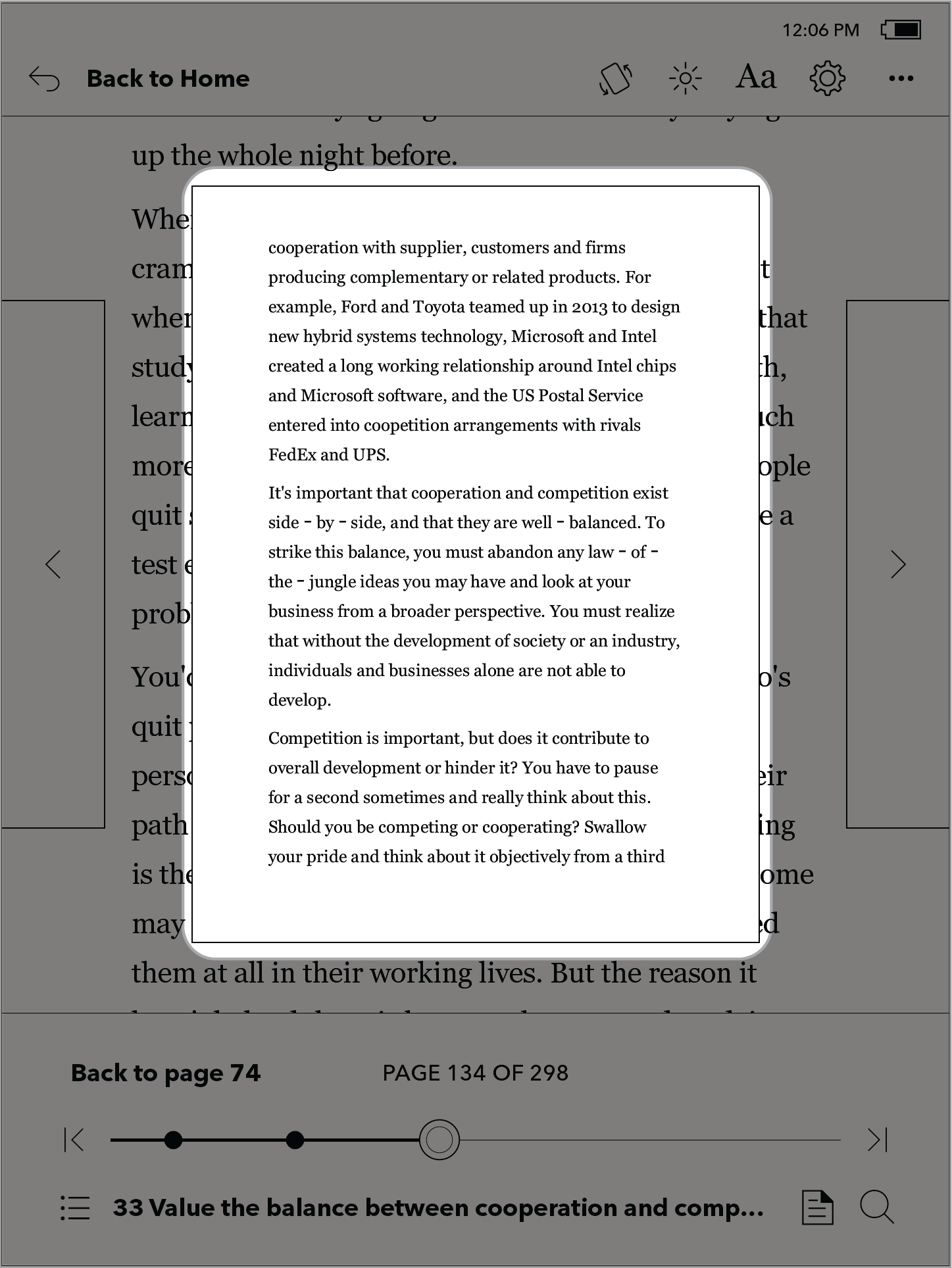 Kobo eReader Seitenvorschau-Menü mit hervorgehobener Vorschauseite.