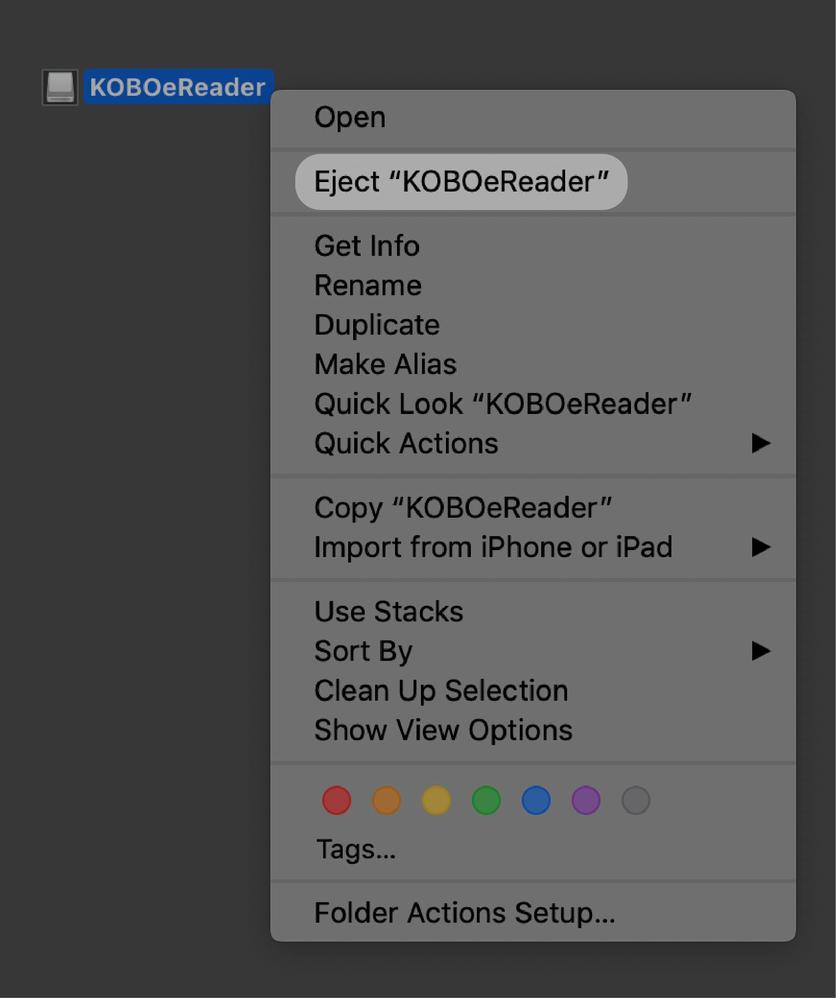 Drop-down menu with Eject KOBOeReader highlighted.