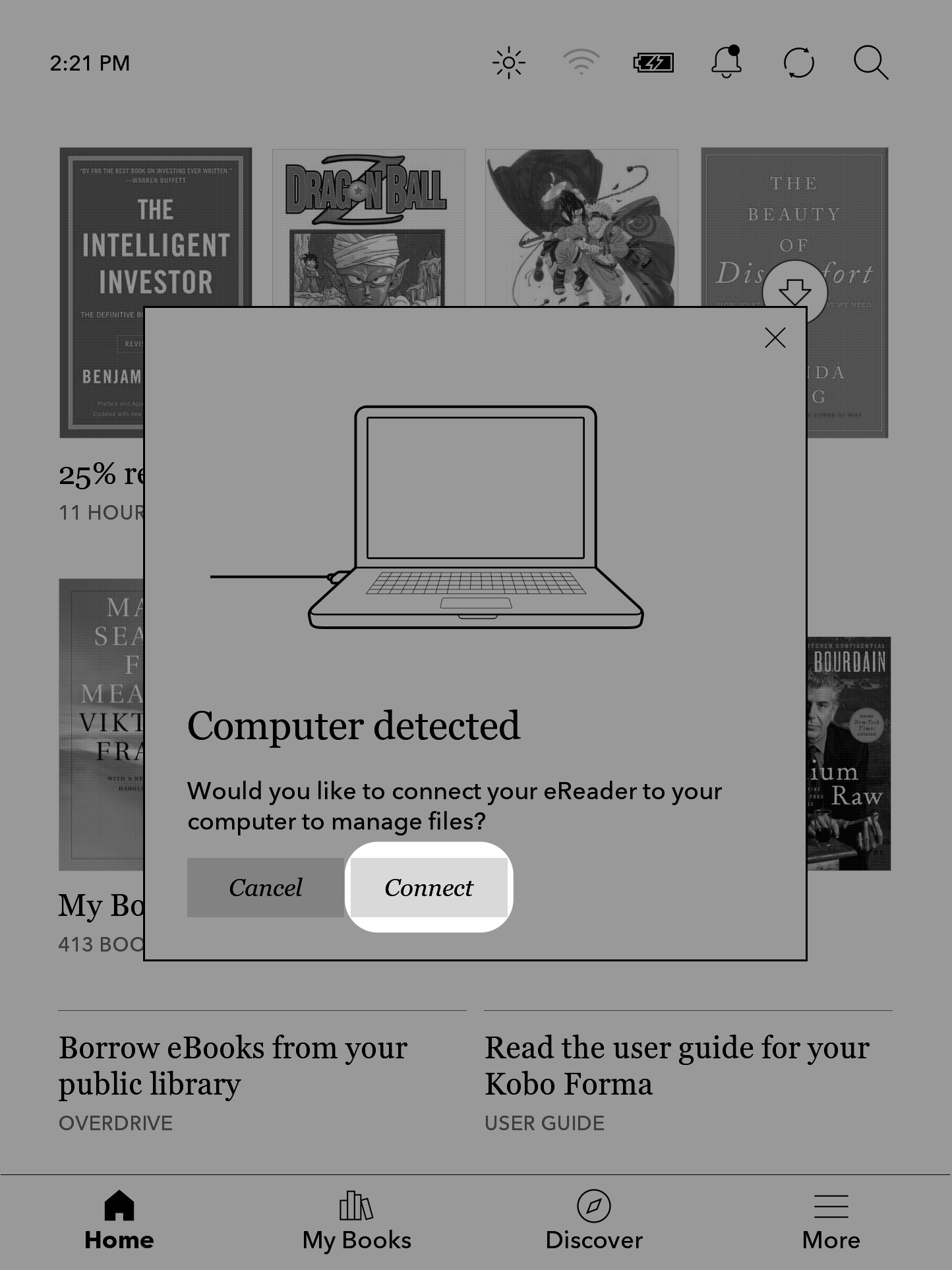 Kobo eReader「已偵測到電腦」快顯功能表，其中「連接」按鈕反白顯示。