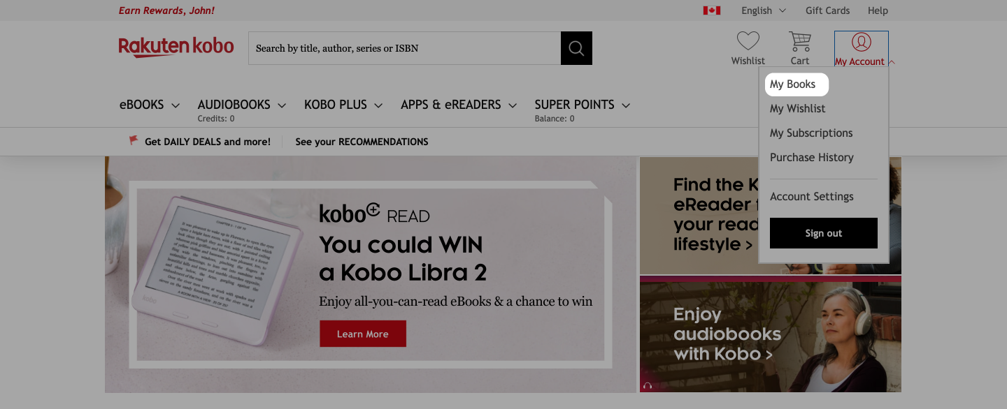 Kobo.com, startsida med menyn Mina böcker markerad.