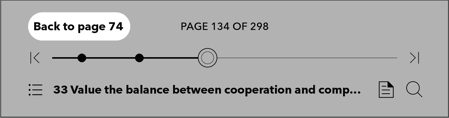 De paginascrubberweergave van de Kobo eReader met het menu 'Terug naar pagina' gemarkeerd.