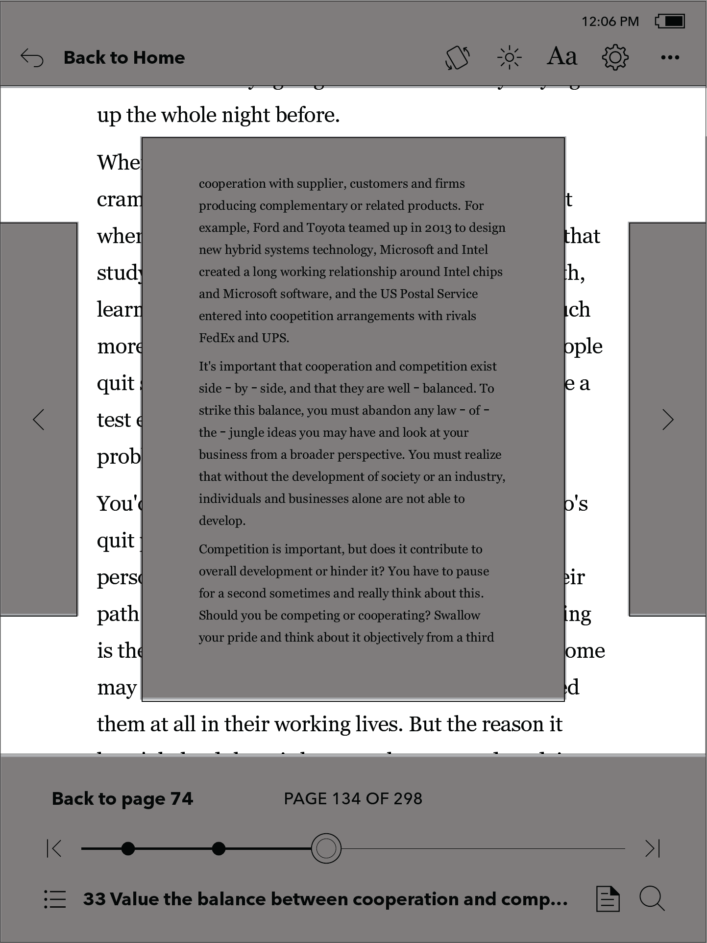 Pré-visualização de página do Kobo eReader com as áreas de página tocáveis destacadas.