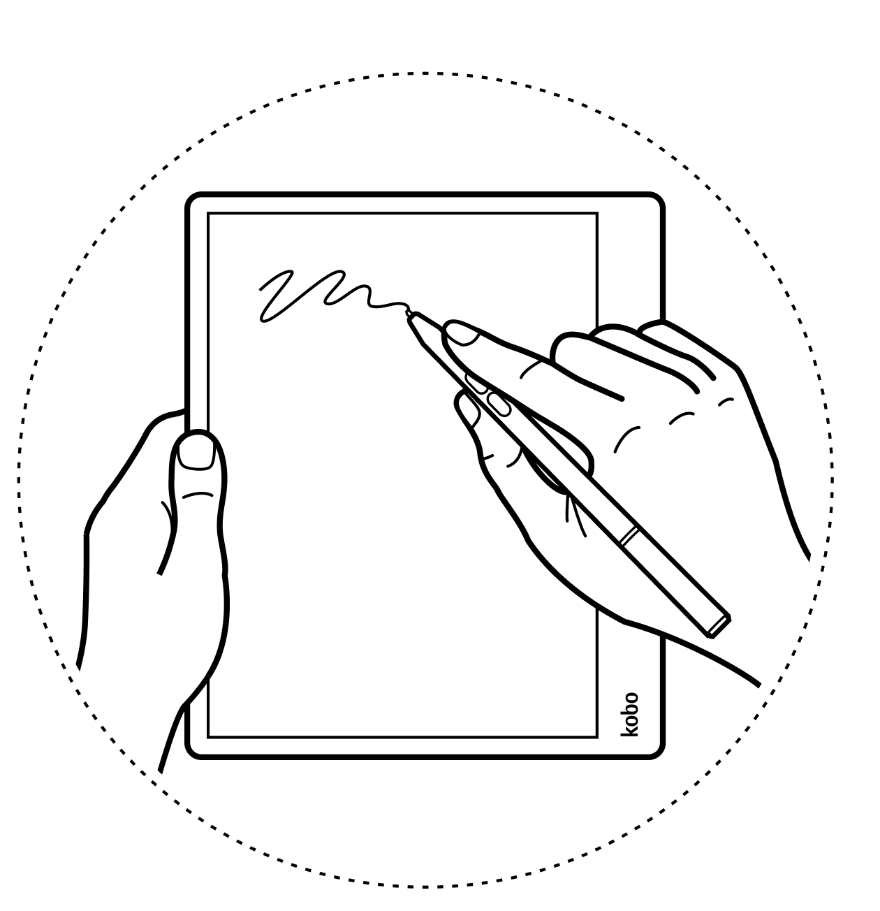 Illustration of a hand  scribbling on the  Kobo ereader screen using Kobo Stylus.