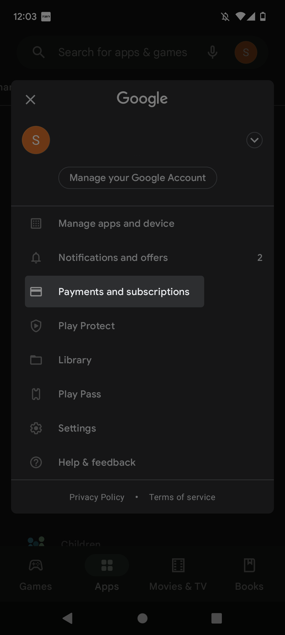 Android-appmenu met de optie Betalingen en abonnementen gemarkeerd.