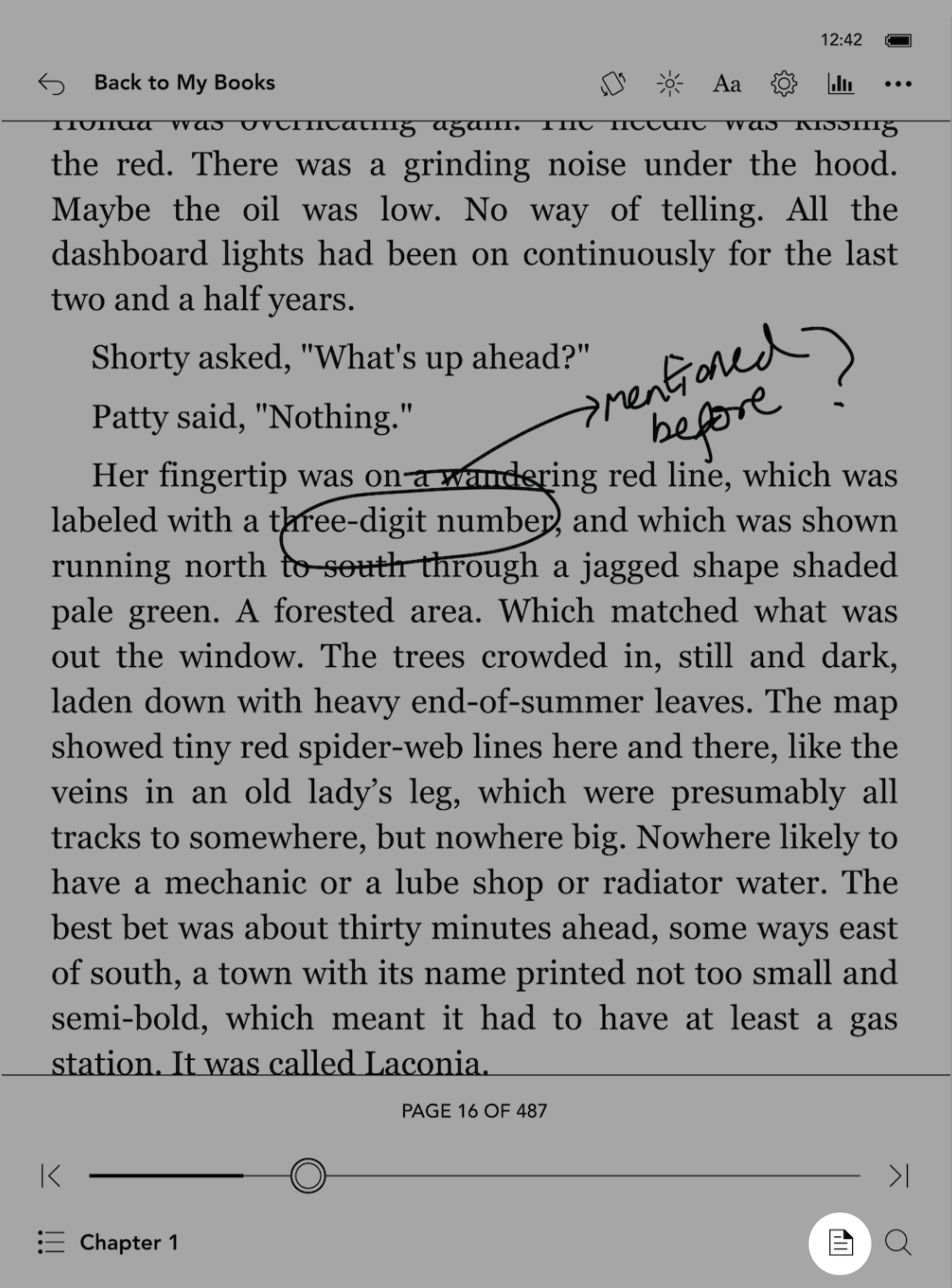 Kobo eReader reading view with the Notes icon highlighted on the bottom right corner of the screen.