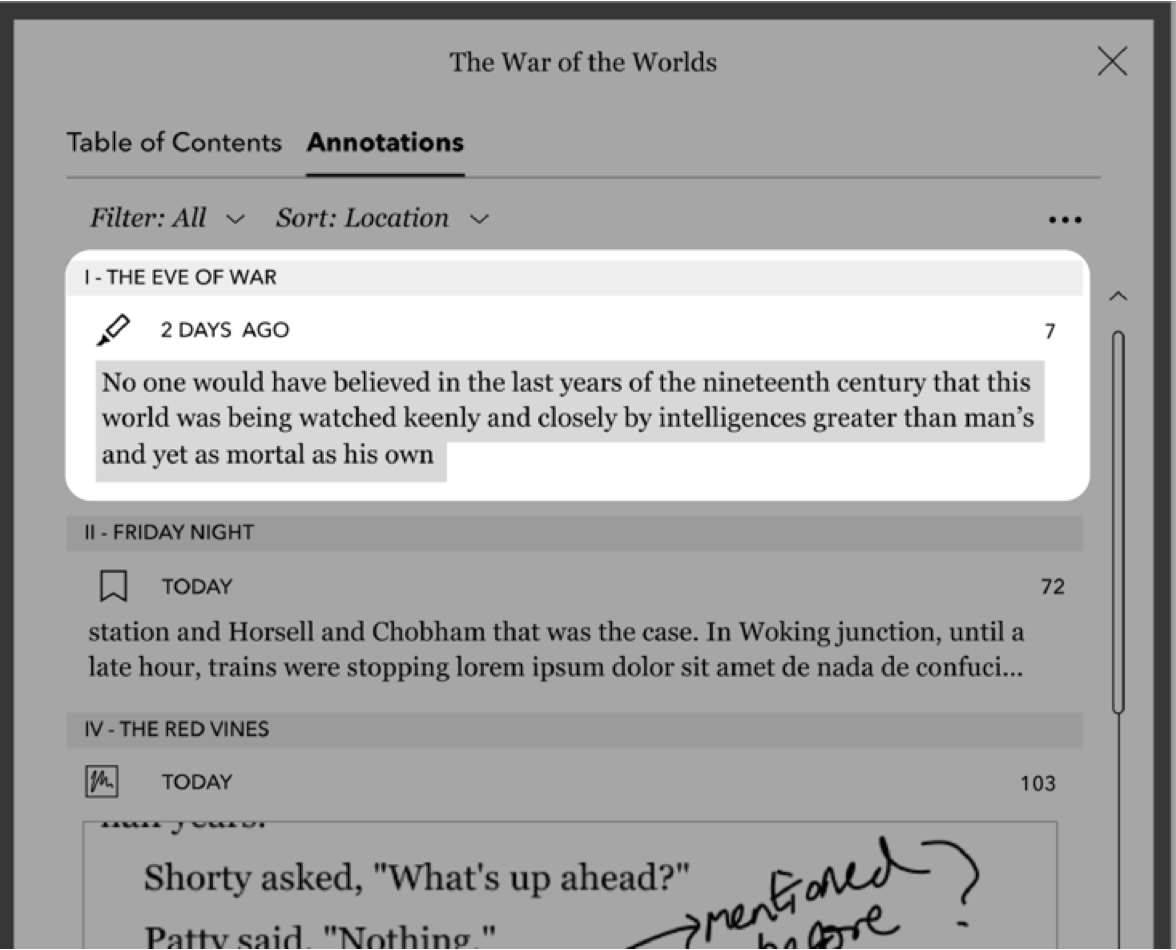 Menu Annotations d'une liseuse Kobo avec passage surligné mis en évidence.