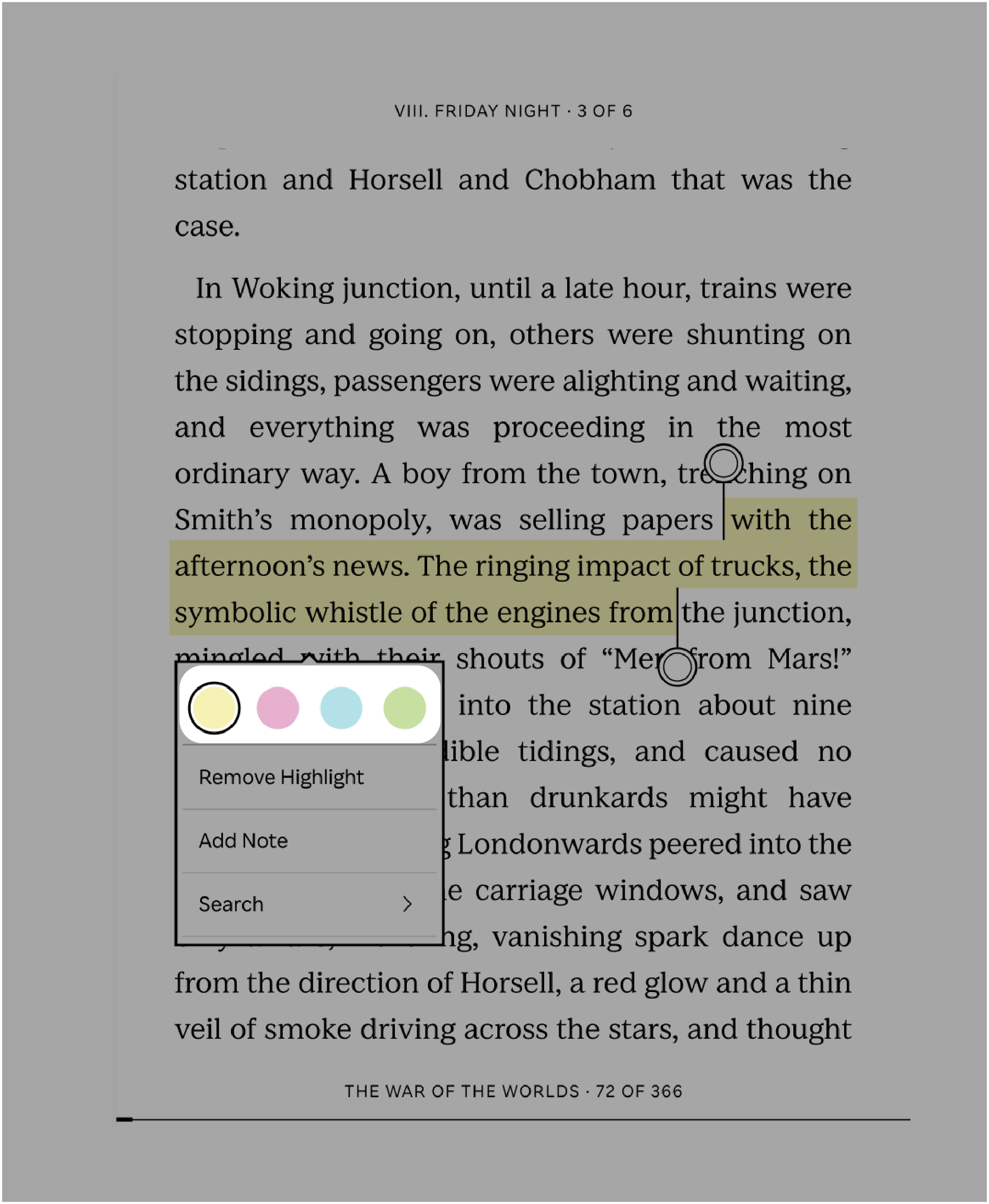 Mode lecture d'une liseuse Kobo avec les options de couleur de surlignage mises en évidence.