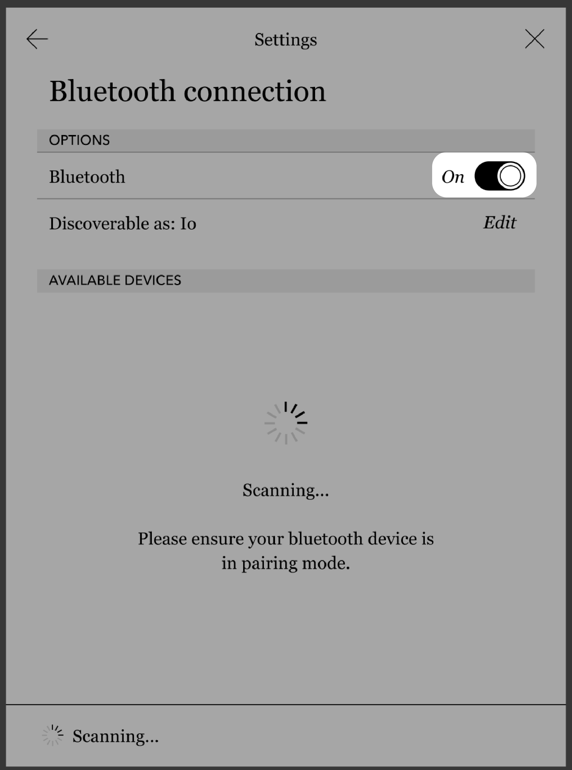 Kobo eReader Bluetooth connection menu with the On button highlighted.