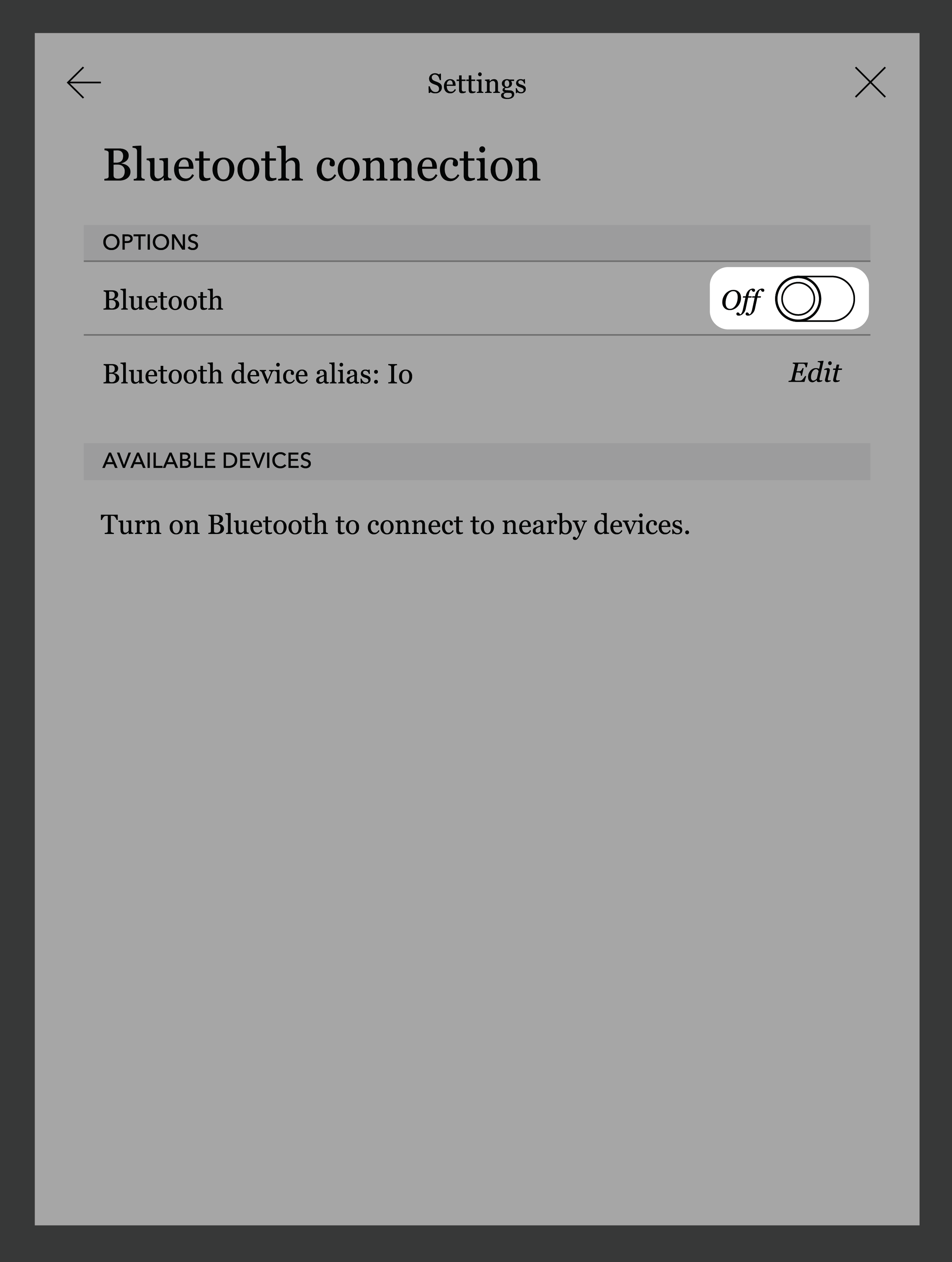 Menu di connessione Bluetooth dell'eReader Kobo con il comando Off evidenziato.