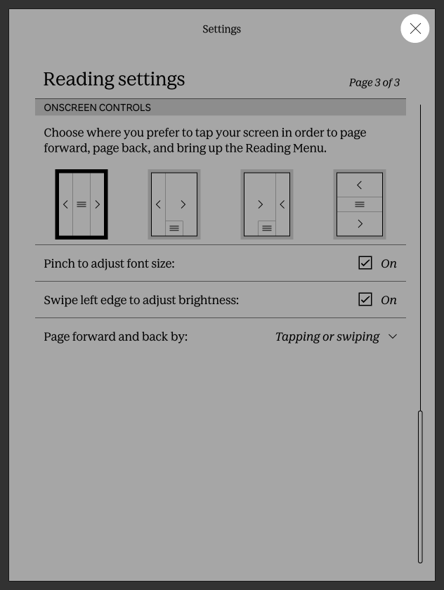 Kobo eReader Reading Settings menu with the X button highlighted.