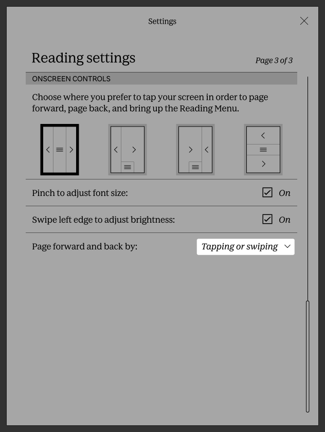 Menú de Configuración de Lectura del Kobo eReader con el botón de Tocar o deslizar resaltado.