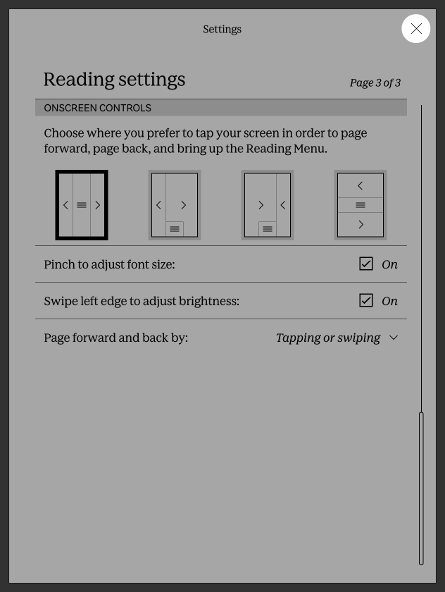 Menu Impostazioni di lettura dell'eReader Kobo con il comando X evidenziato.