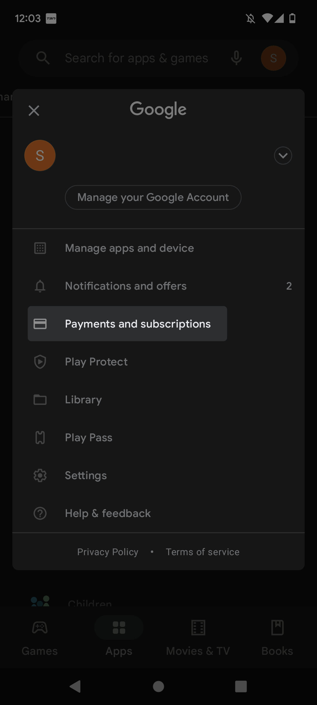 Android phone App menu with the Payment and Subscriptions option highlighted.