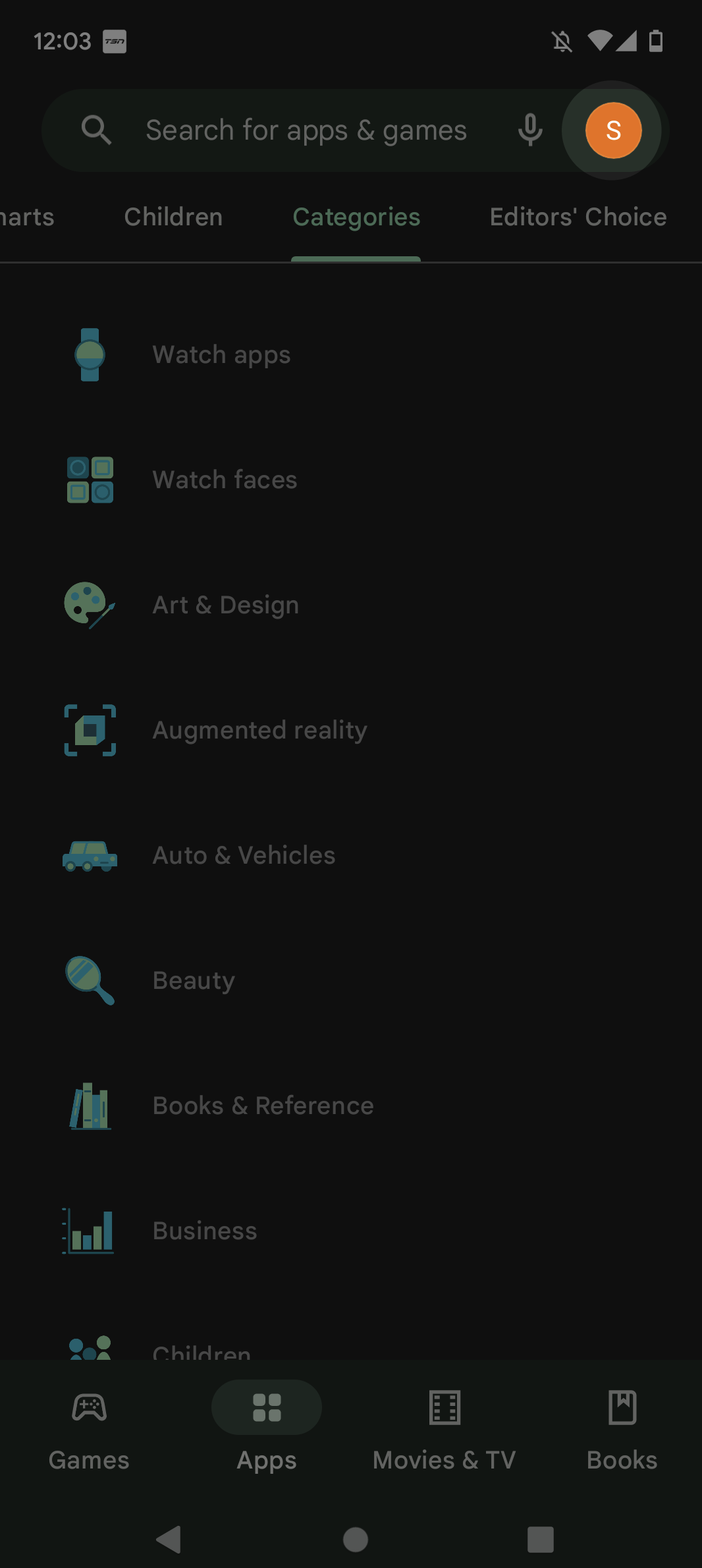 Android-app-scherm met het gebruikerspictogram gemarkeerd bovenaan het scherm.