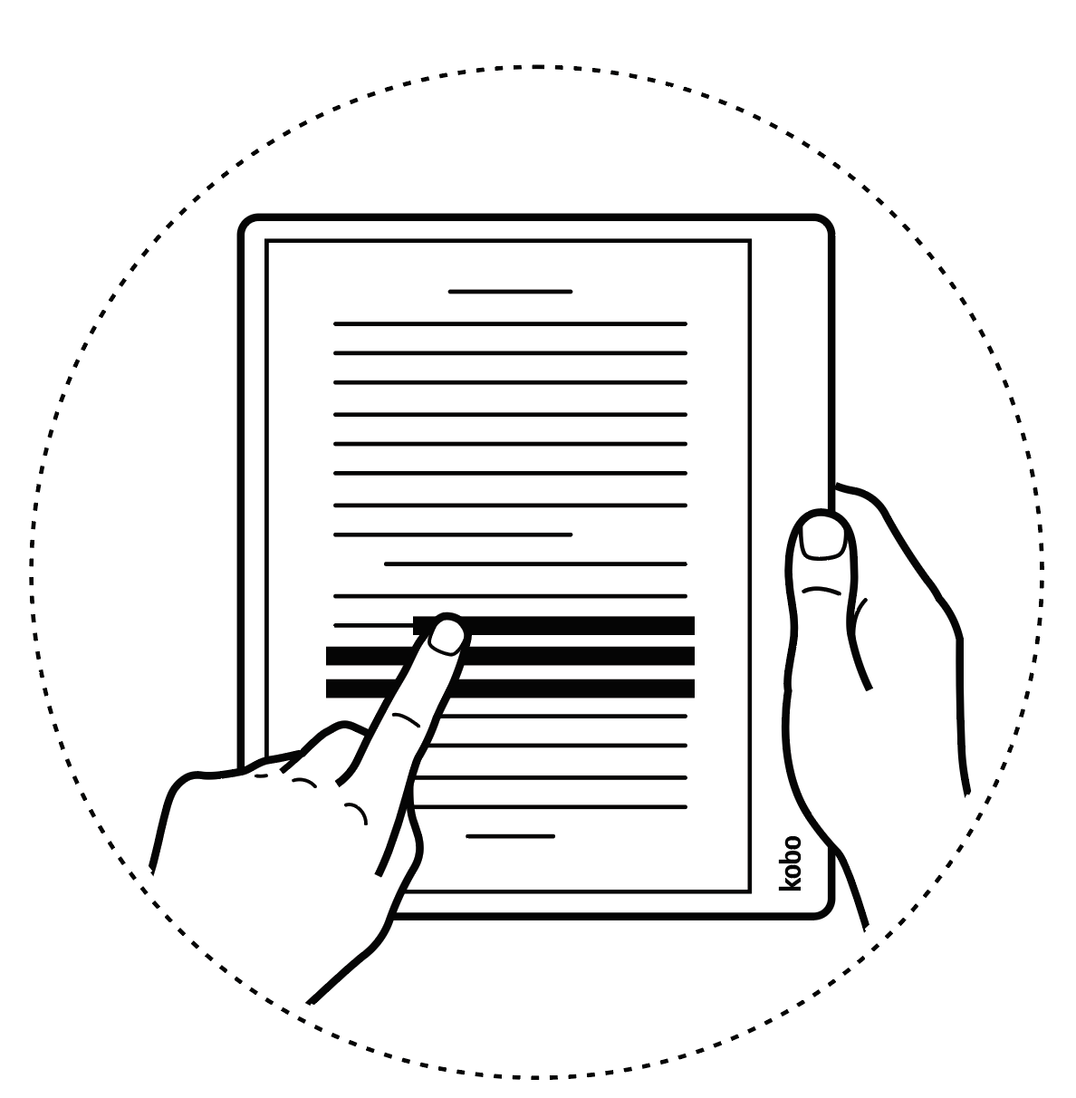 Illustration of a hand holding a Kobo eReader and selecting a line of text using the index finger.