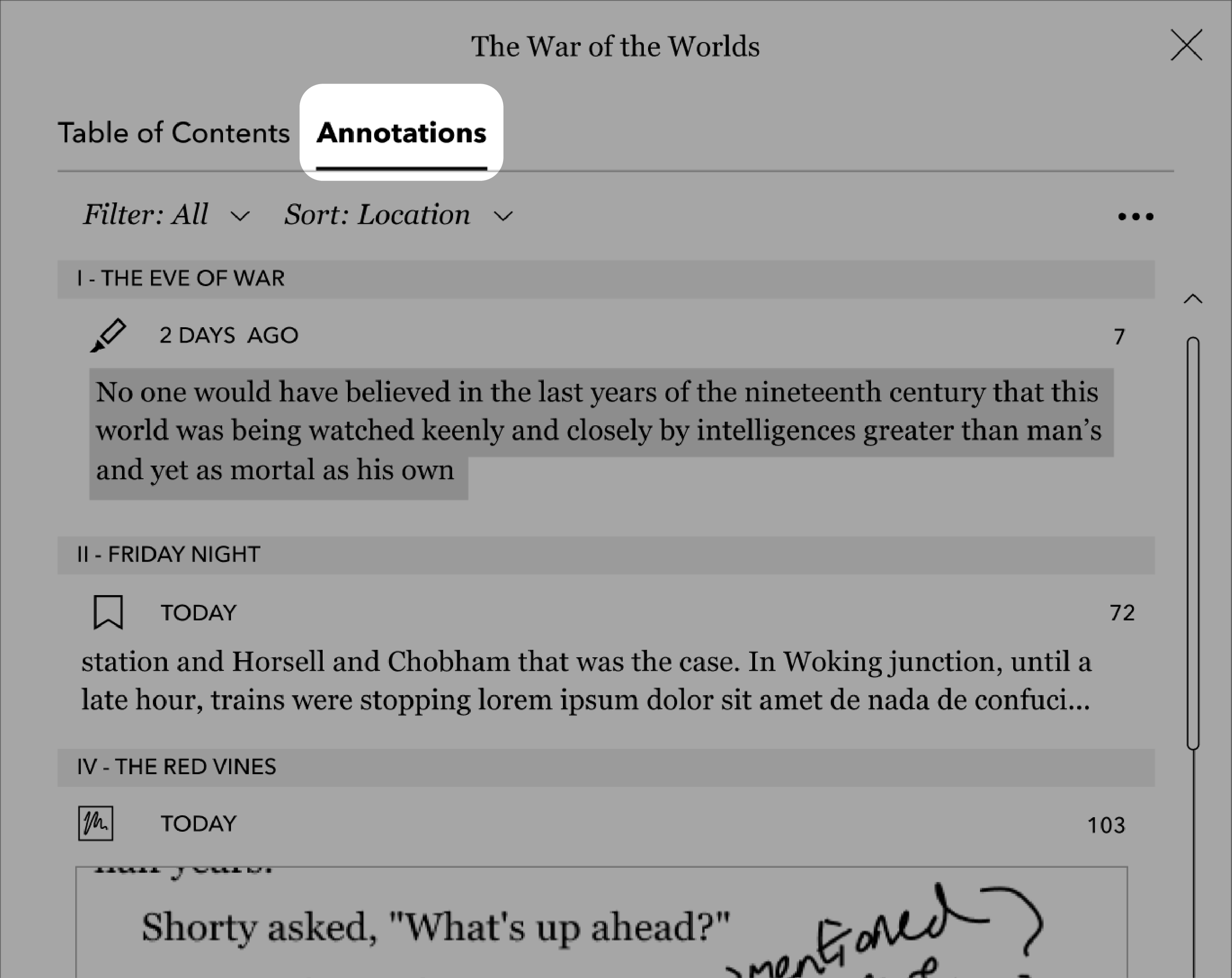 Configuración de lectura del eReader Kobo con la pestaña de Anotaciones resaltada.