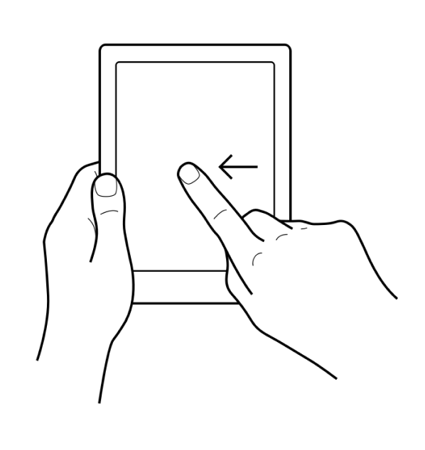 Illustration of a hand swiping left on the screen on a Kobo eReader.