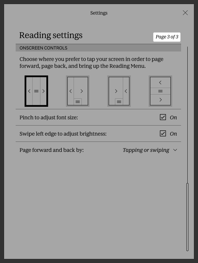 Kobo eReader Reading Settings menu with the  Page 3 of 3 button highlighted.