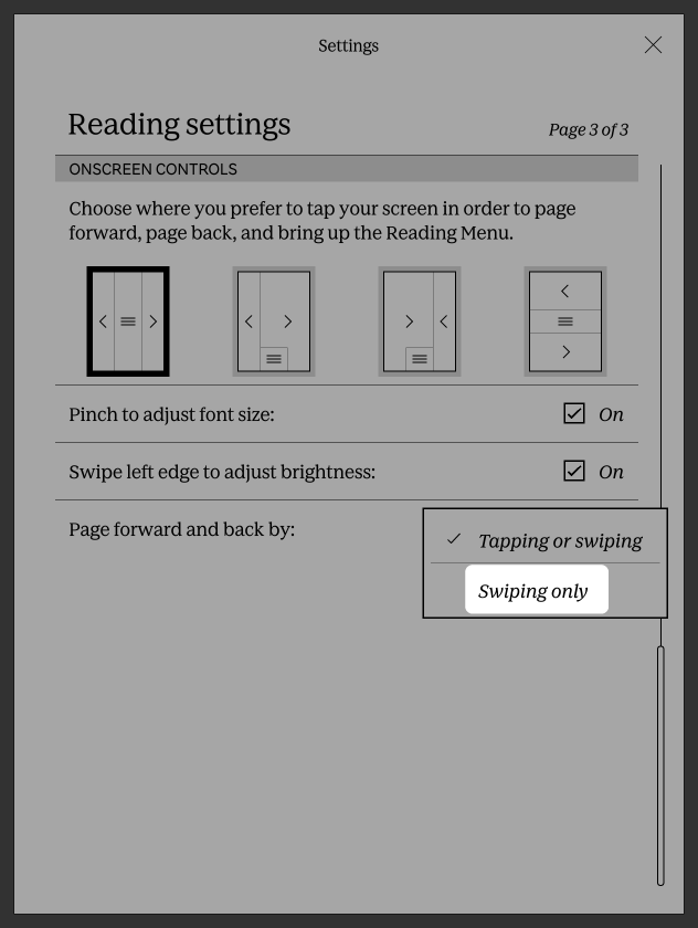 Kobo eReader Reading Settings menu with the  swiping only button highlighted.