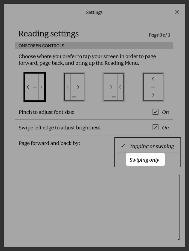 Menu Paramètres de lecture d'une liseuse Kobo avec l'option Balayer uniquement mise en évidence.