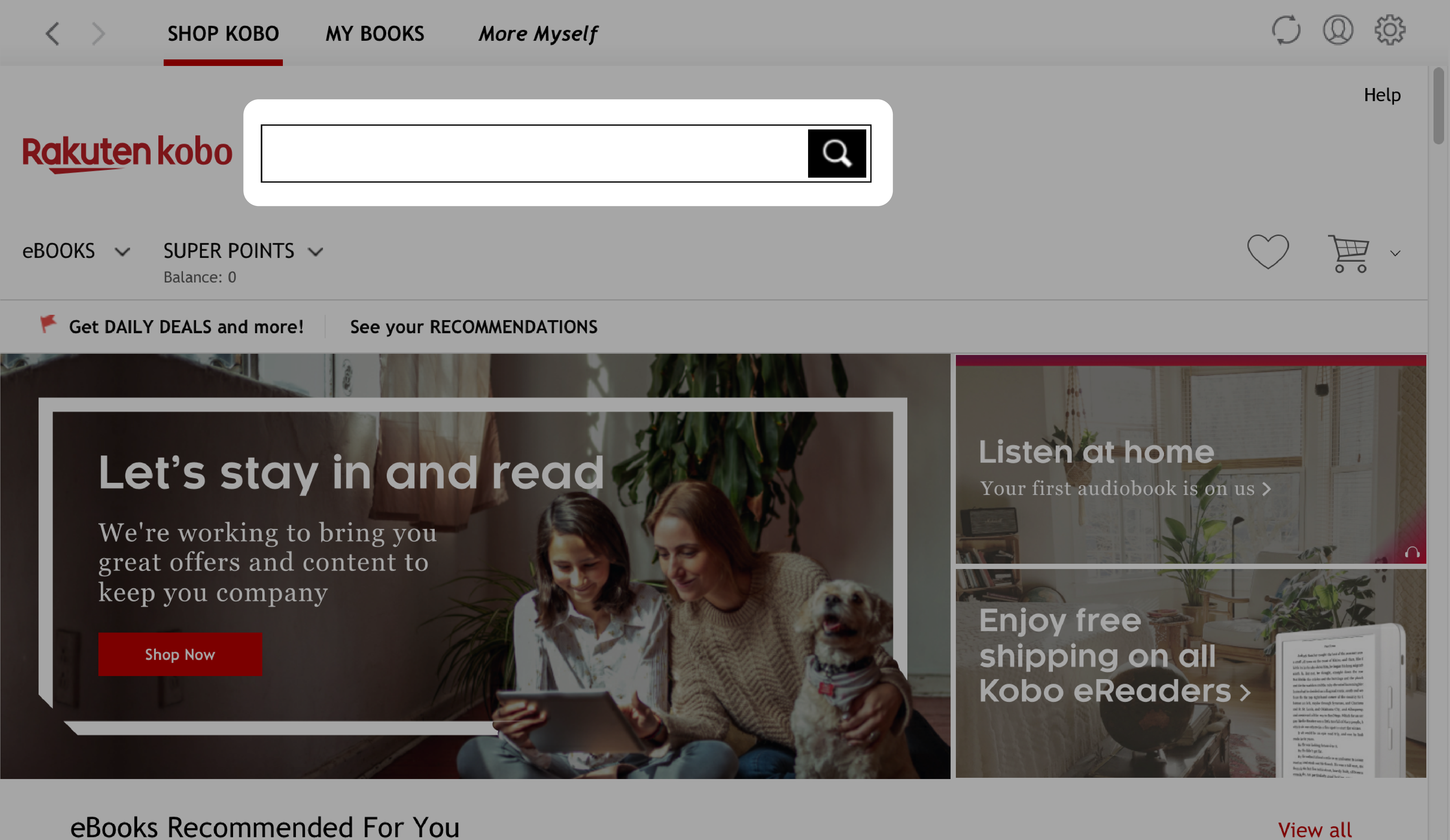Kobo Desktop app with the Search Bar highlighted in the Shop Kobo menu.