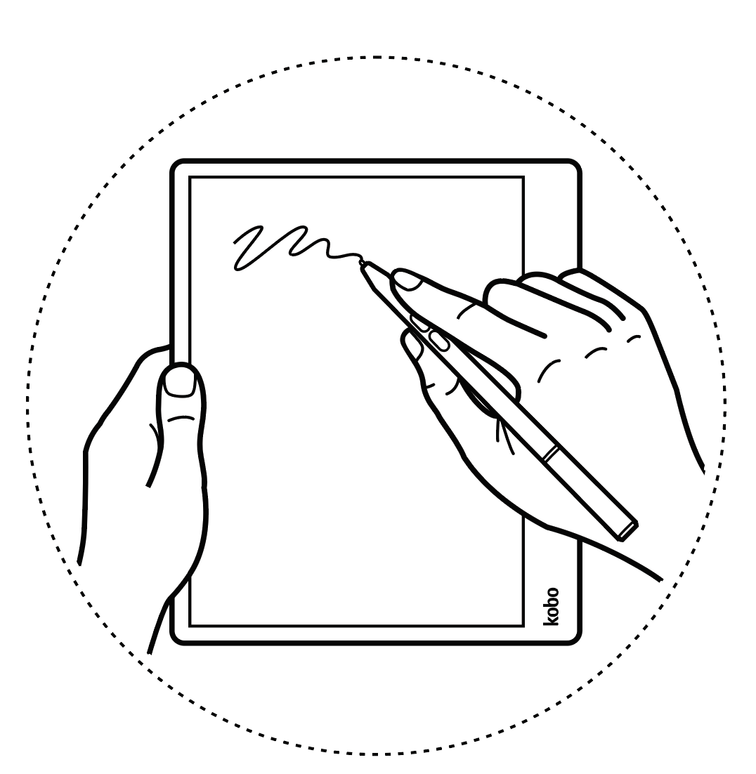 Illustration of a hand  scribbling on the  Kobo ereader screen using Kobo Stylus.