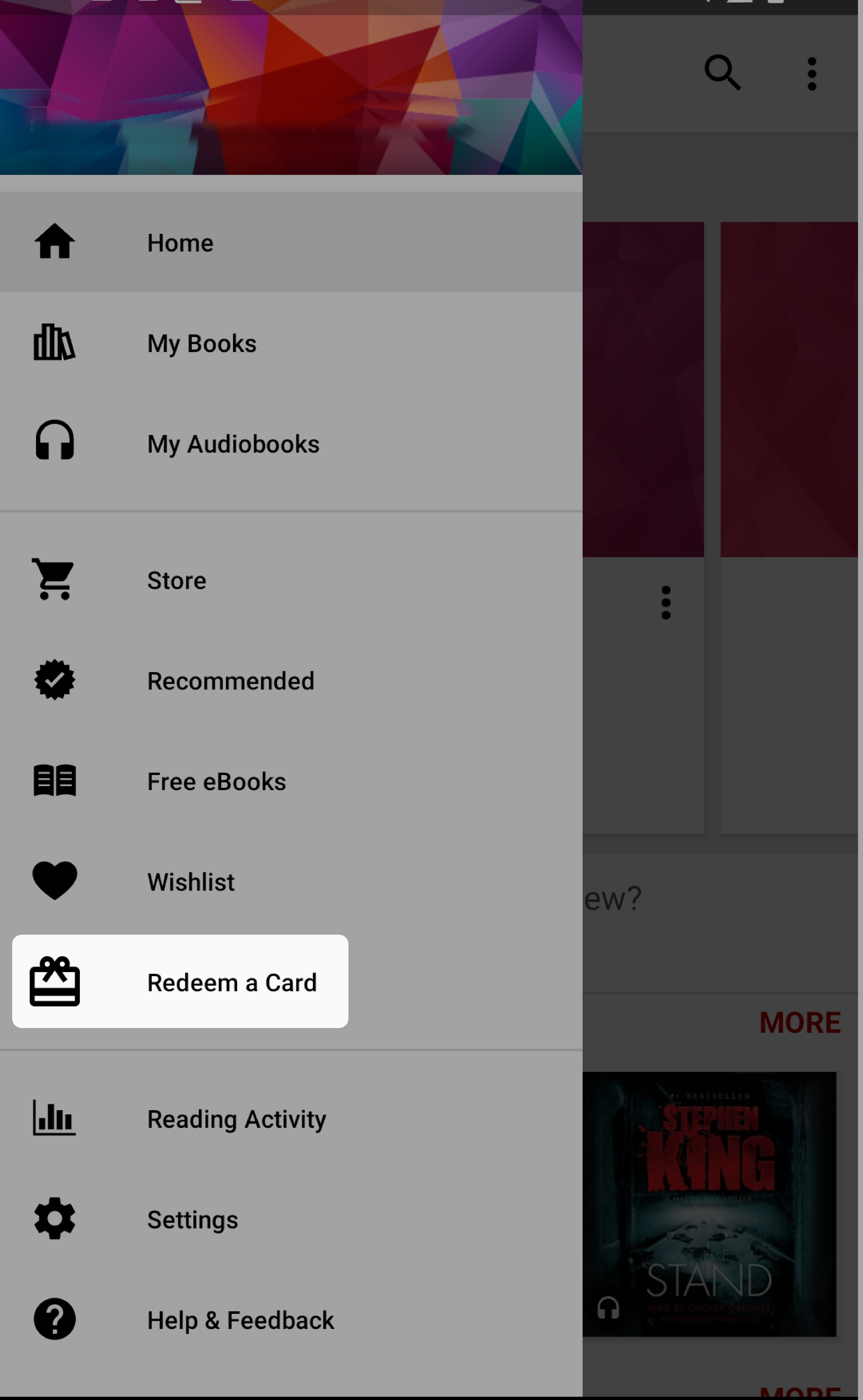 Kobo app side menu with 'Redeem a Card' highlighted.