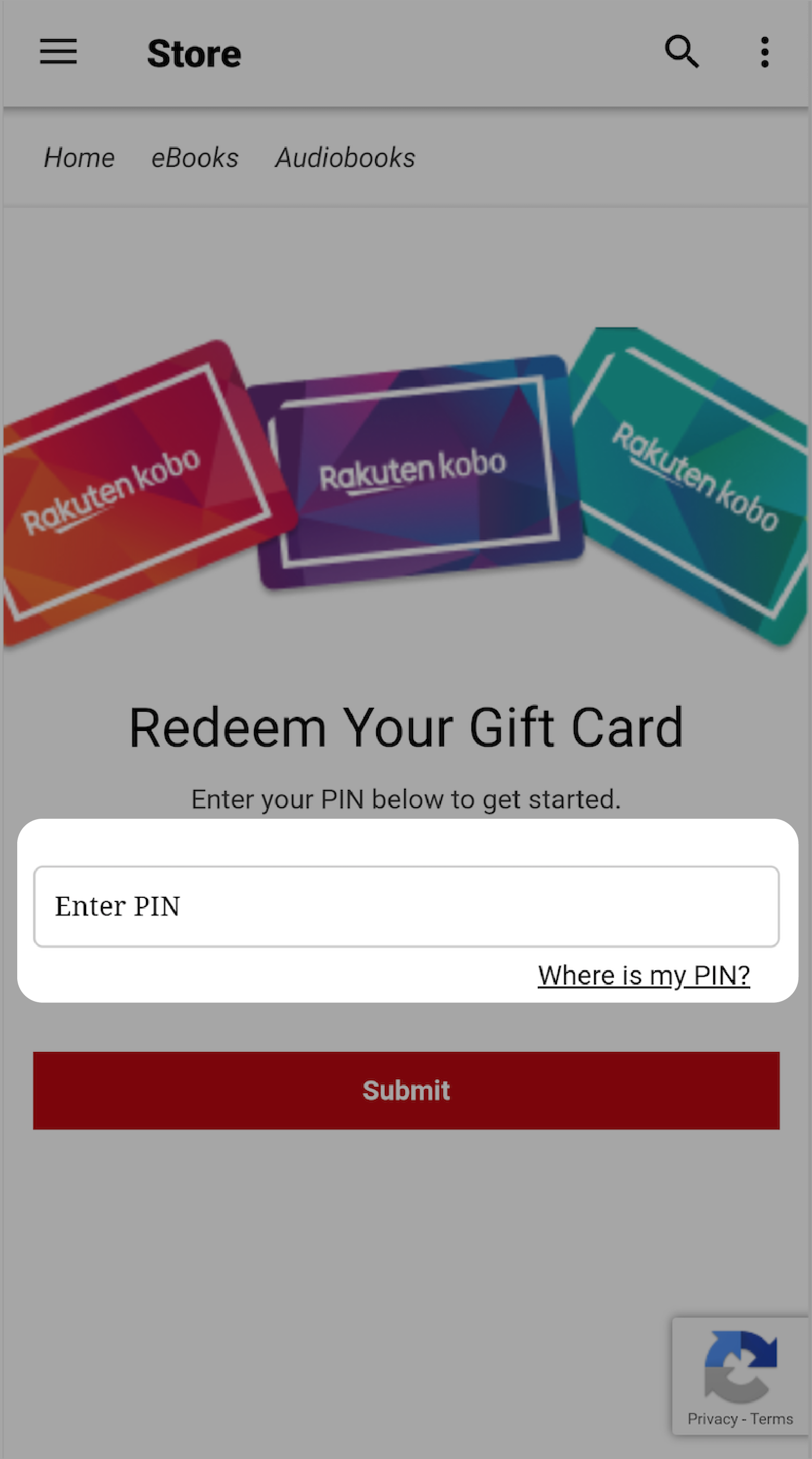 Kobo app gift card PIN entry screen.