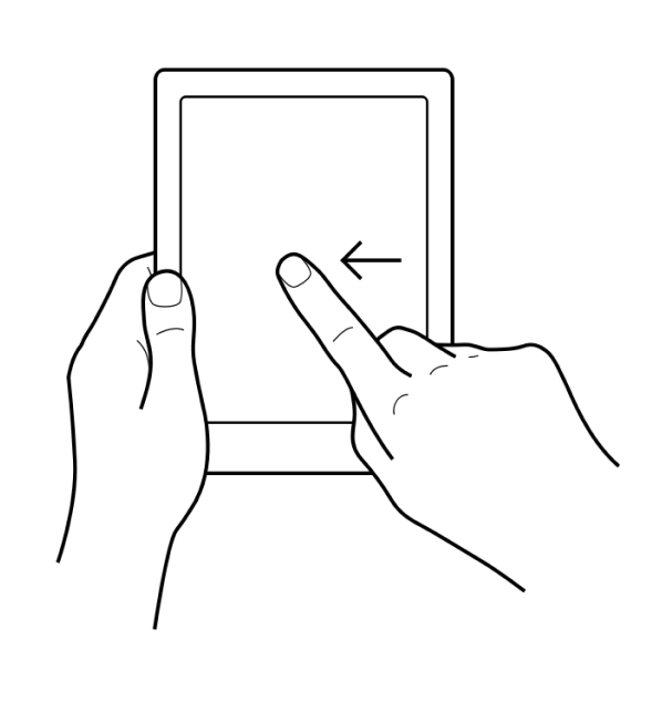 Illustration of a hand holding an eReader and swiping horizontally on on the screen from right to left.