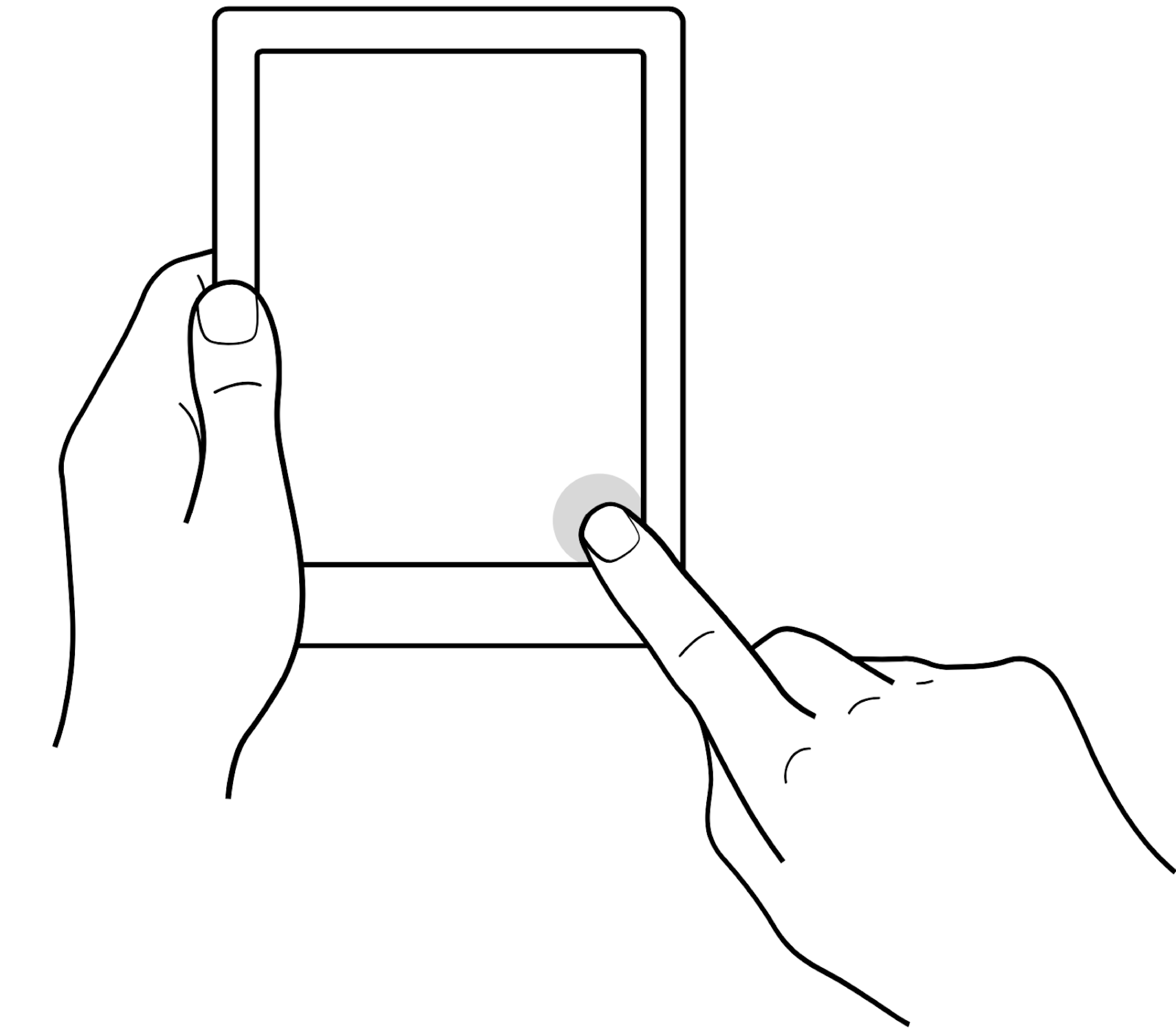 Illustration of a hand holding a Kobo eReader and tapping the bottom right corner of the screen.