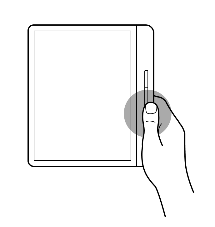 Illustration d'une main appuyant sur le bouton de changement de page d'une liseuse Kobo.