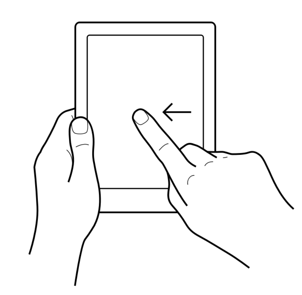 Illustration einer Hand, die auf dem Bildschirm eines Kobo eReaders nach links wischt.