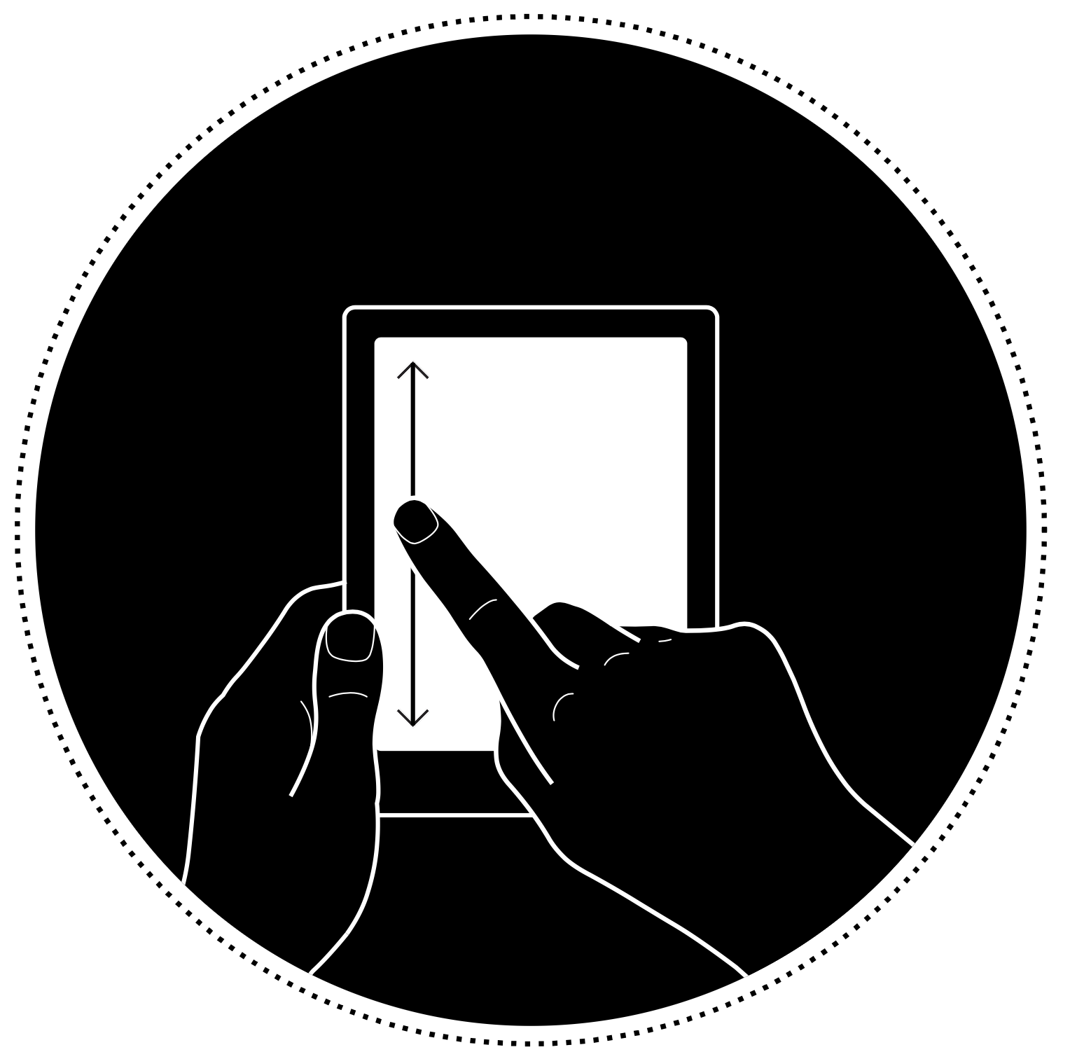 Illustration of a hand holding an eReader and swiping verticallly on the left side of the screen.