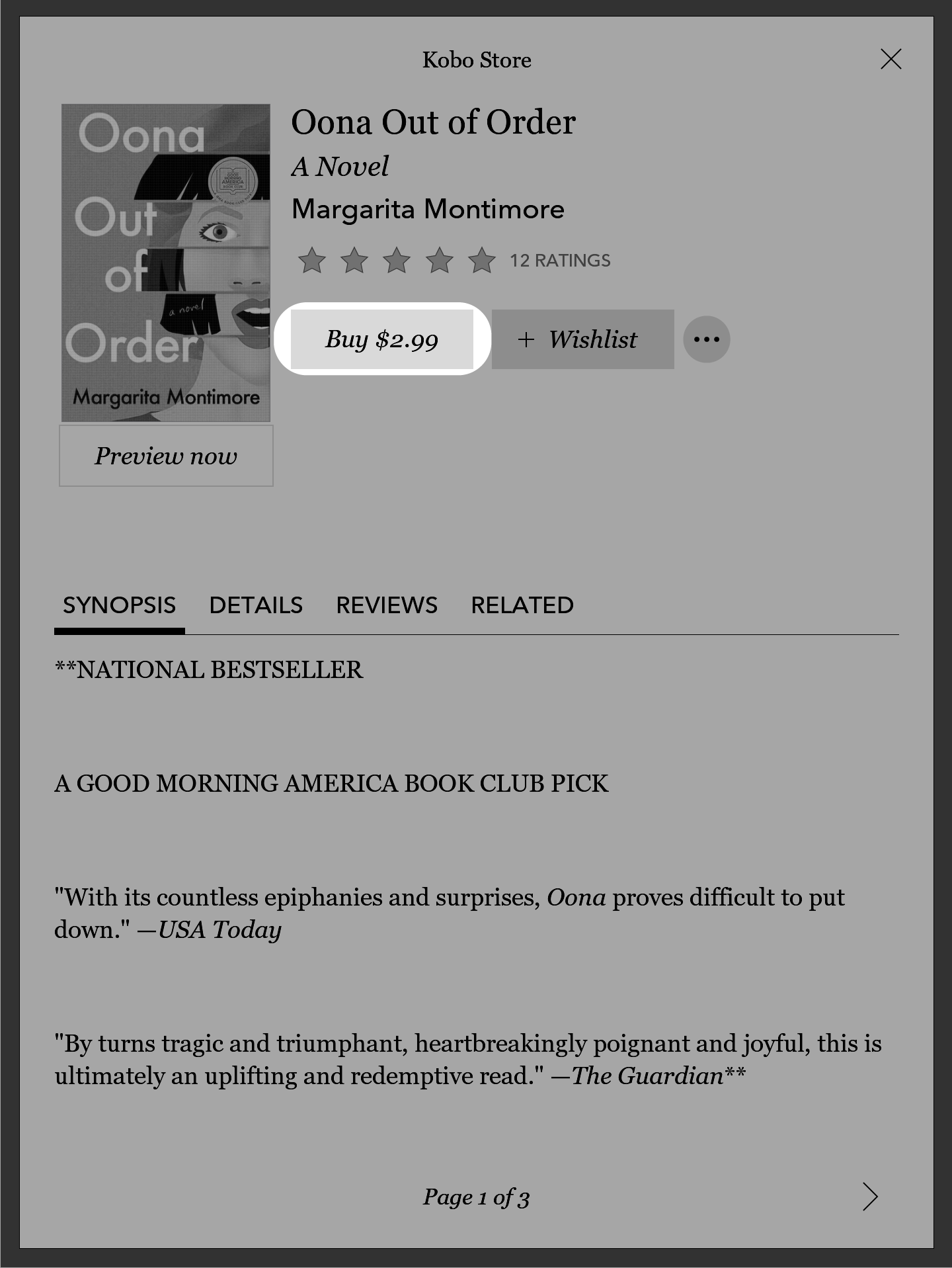 Kobo eReader Book Store view with the Buy button highlighted.