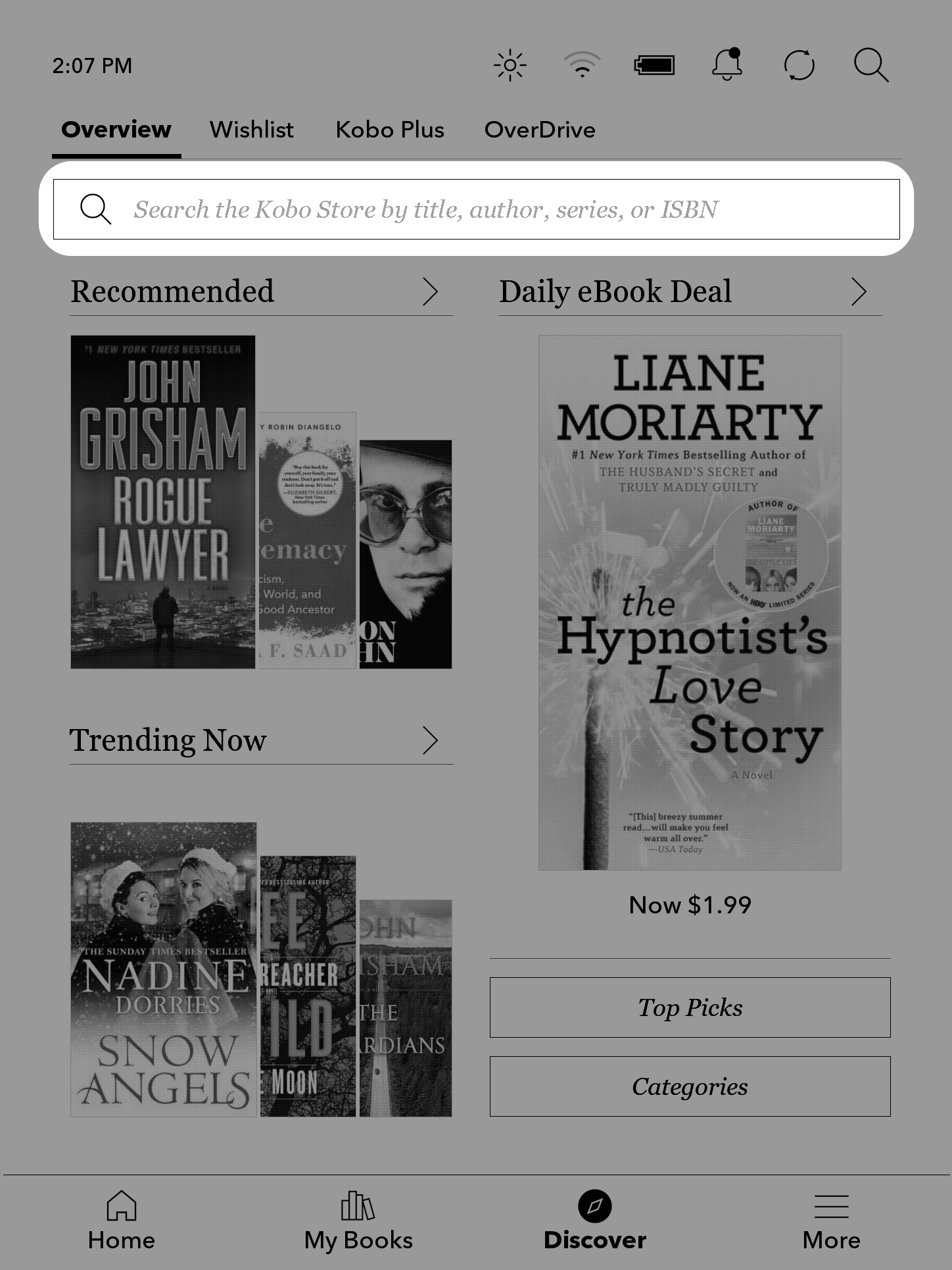 Kobo eReader Store menu with the Search field highlighted at the top of the screen.