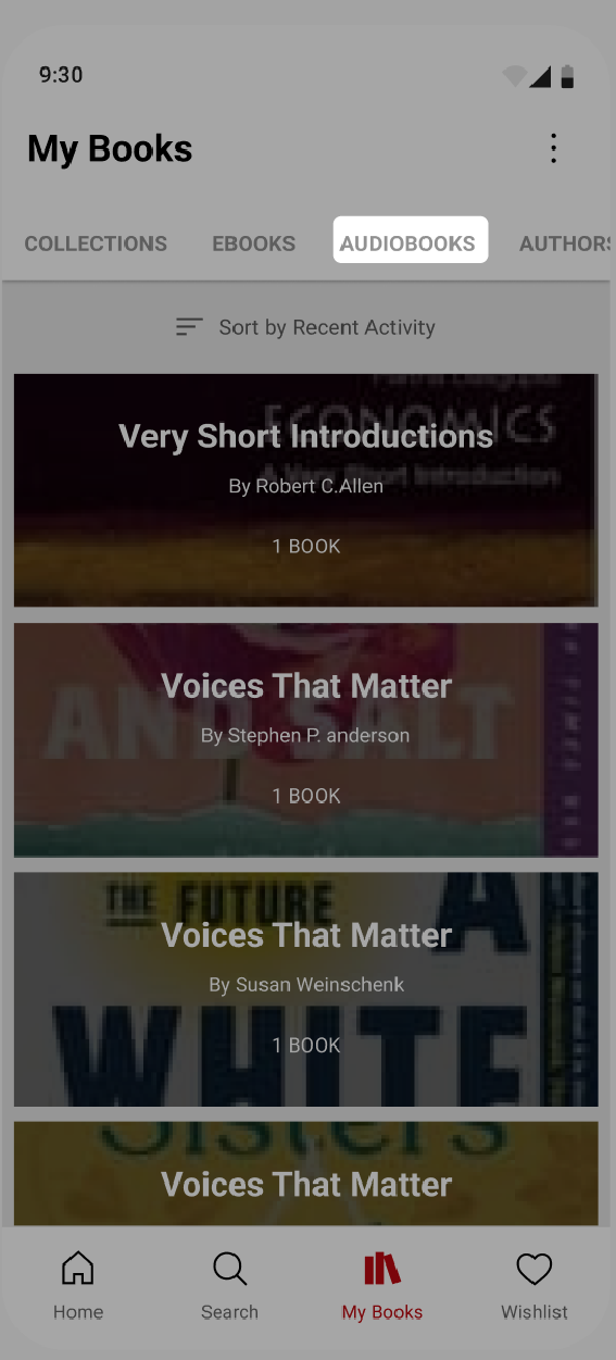 Kobo Books-app met het tabblad Audioboeken gemarkeerd.