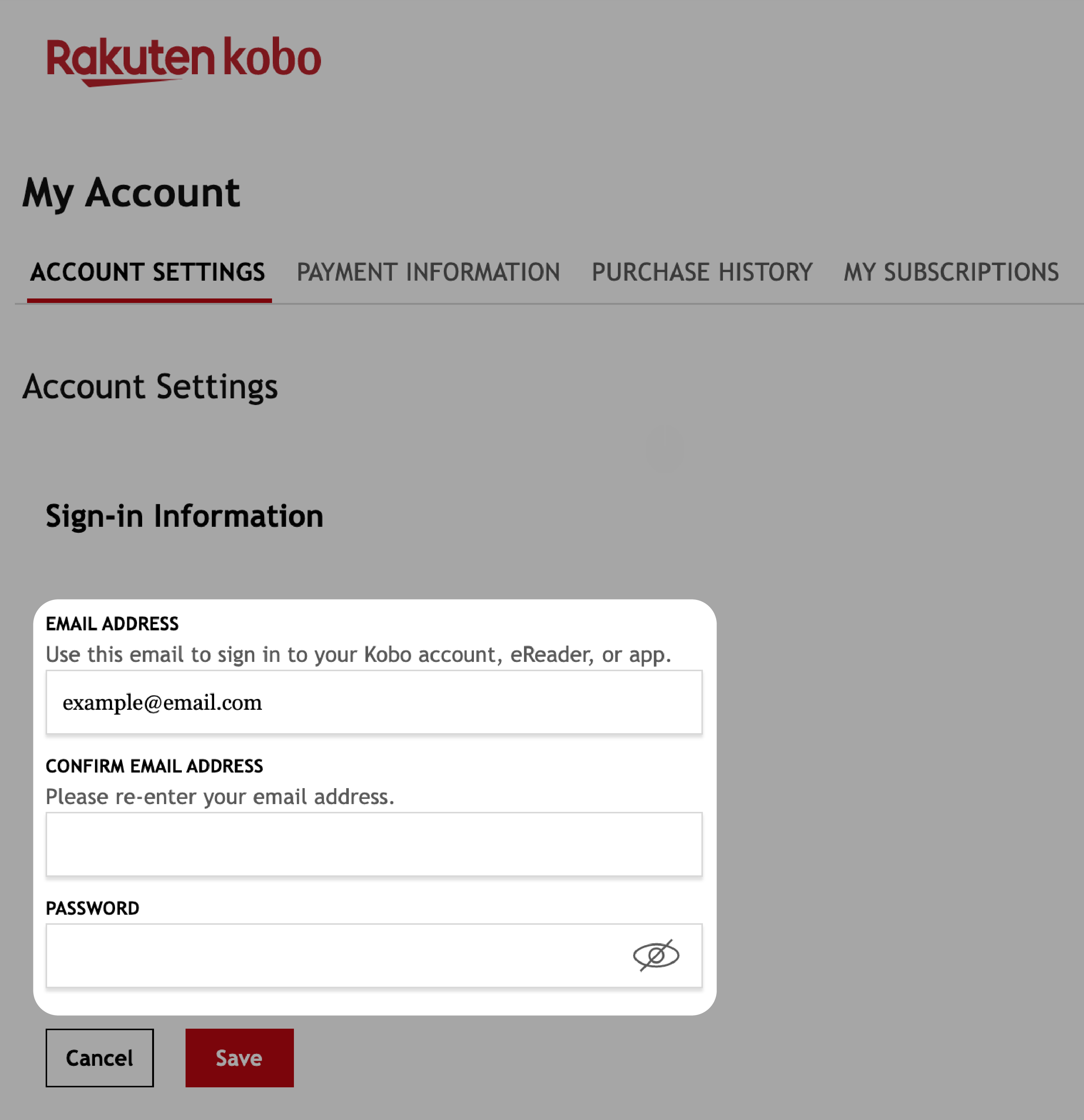 Menú de Configuración de la cuenta en Kobo.com con el campo de Dirección de correo electrónico resaltado.