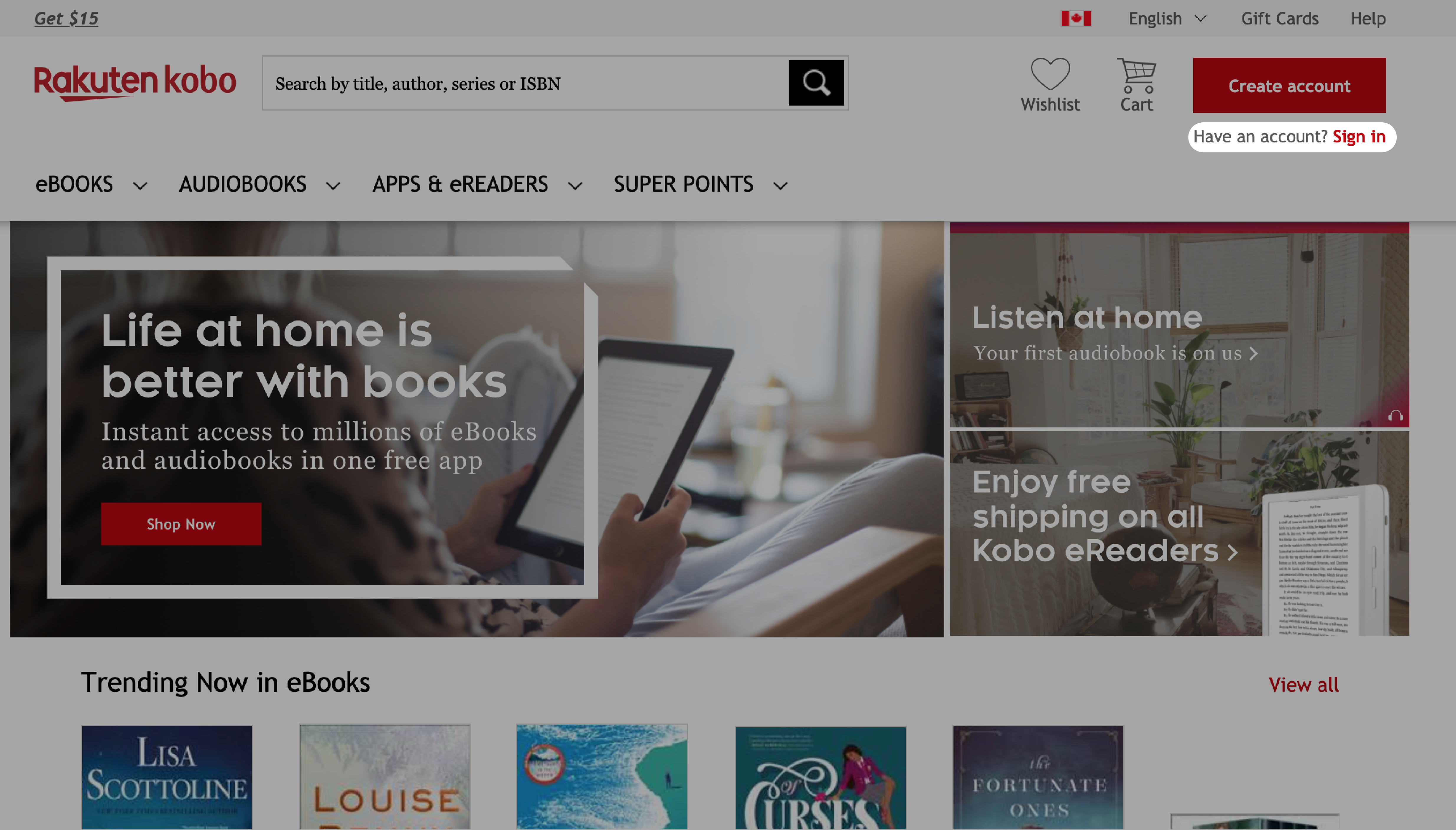 Kobo.com home page with the Have an account? Button highlighted.