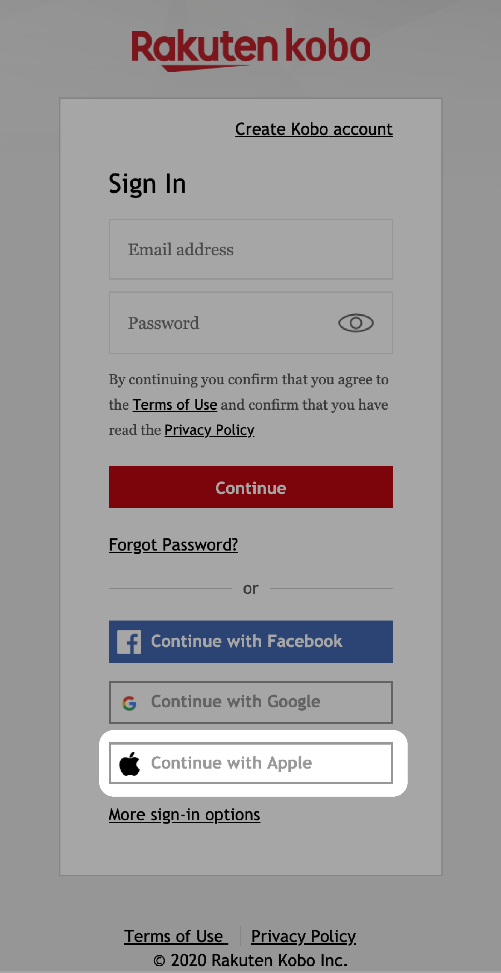 Kobo.com sin innloggingsmeny med «Fortsett til Apple»-knappen uthevet.
