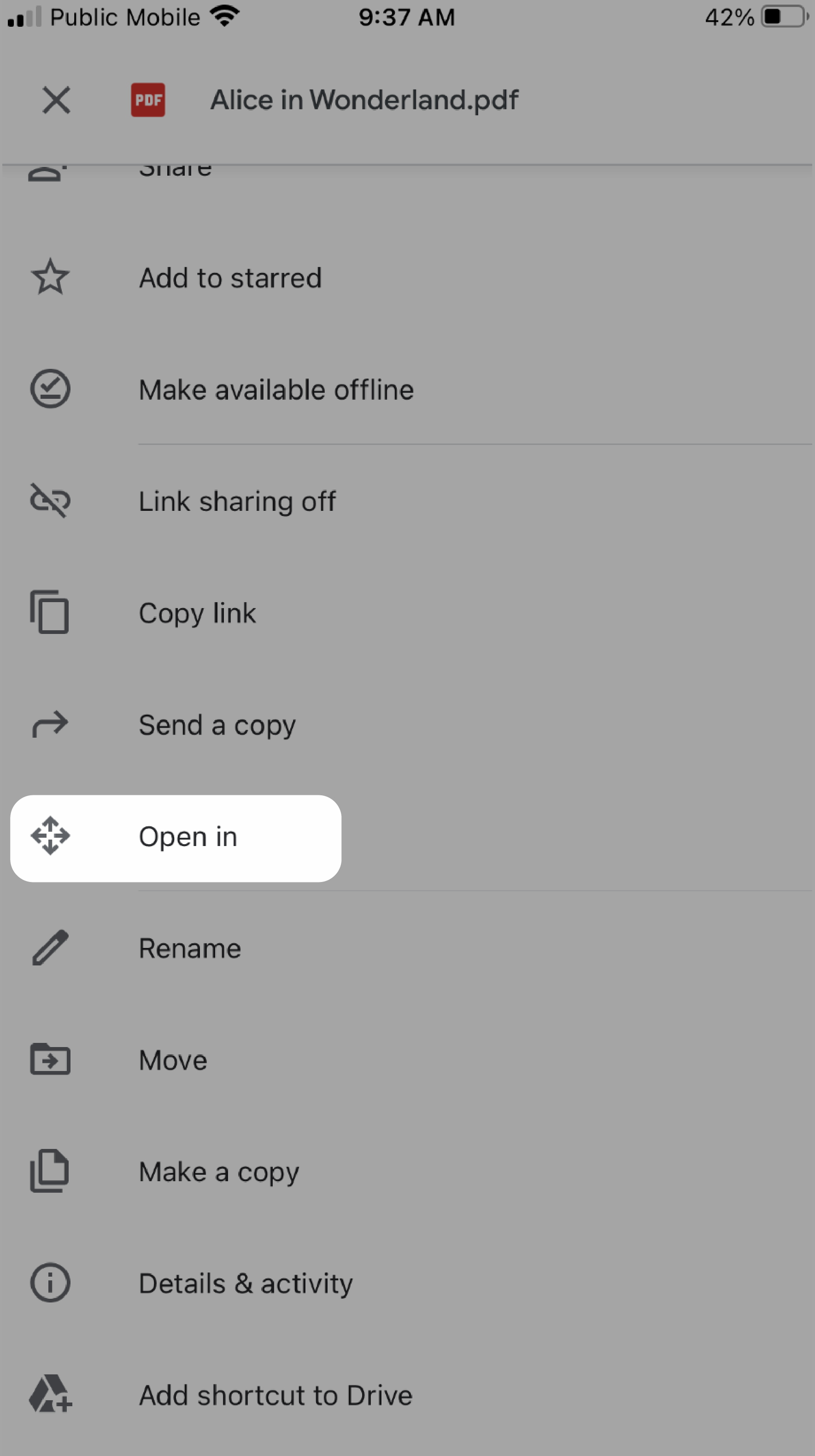 Visualizzazione di Google Drive con il comando Apri in evidenziato.