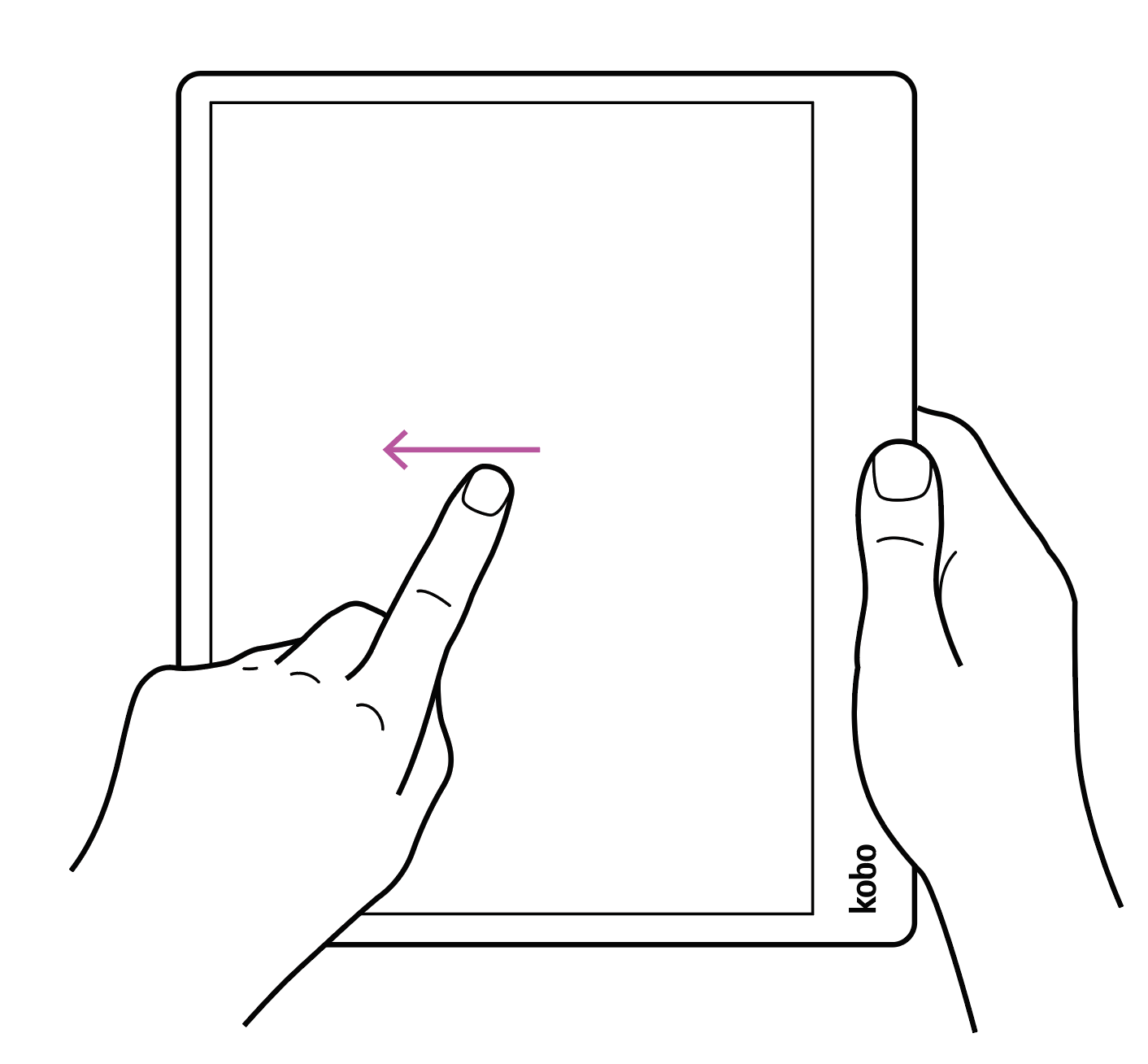 Illustration eines Kobo eReaders, der mit einer Hand gehalten wird, während die andere Hand nach links über den Bildschirm wischt.