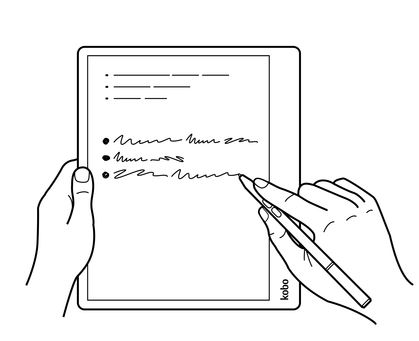 Illustration einer Hand, die mit dem Kobo Stylus Notizen auf dem Bildschirm des Kobo eReaders schreibt.