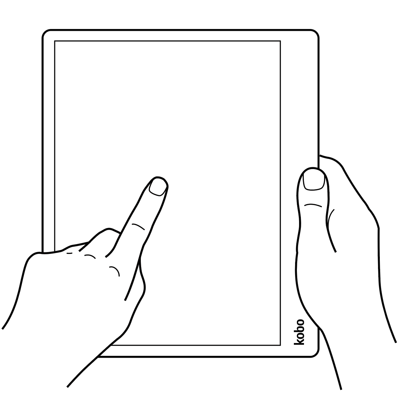 Illustration of a hand holding an eReader and tapping on the screen.