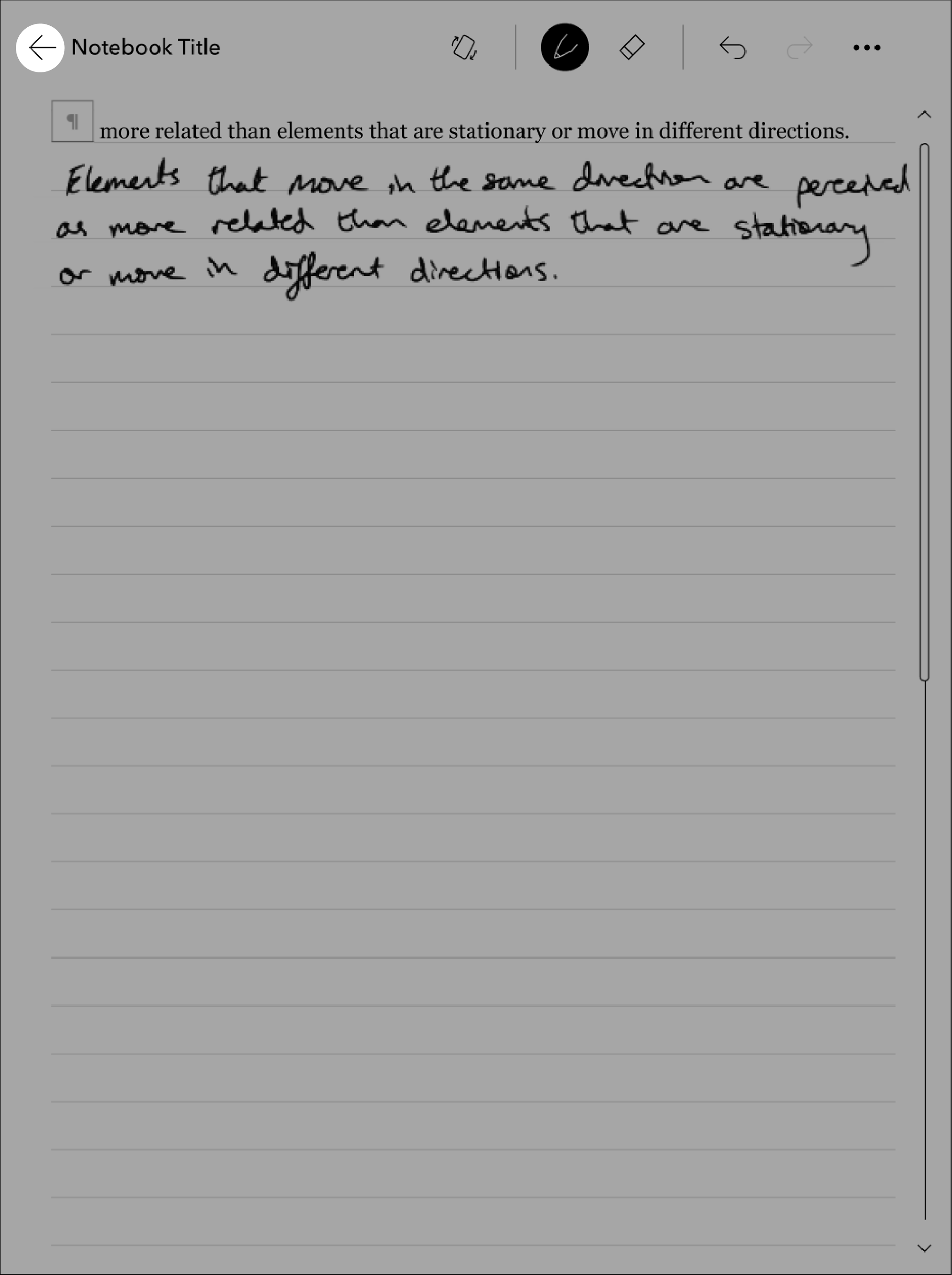 Notebook view with the Back arrow highlighted near the top left of the screen.