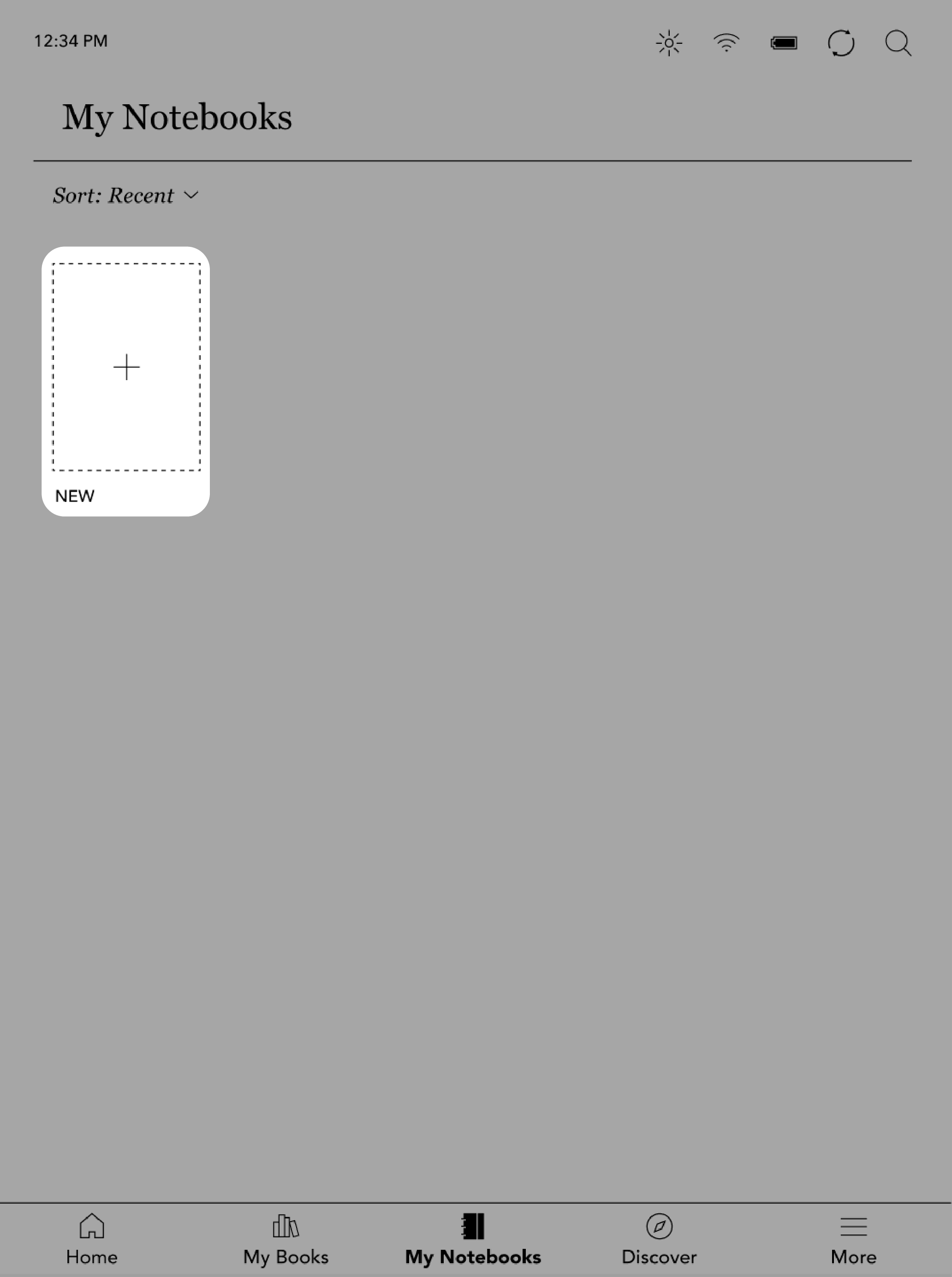 Kobo eReader My Notebooks view with a blank notebook highlighted.