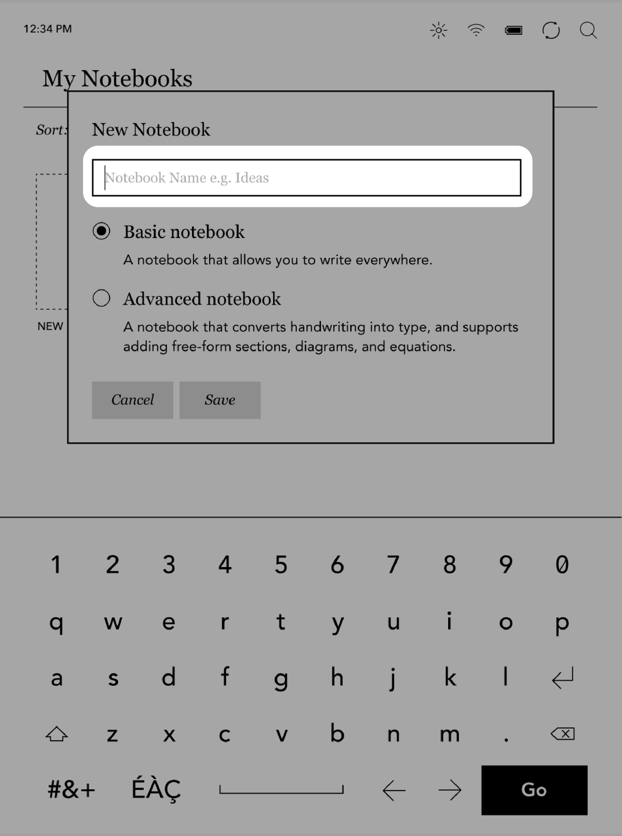 Kobo eReader New Notebooks menu with the Notebook name field highlighted.