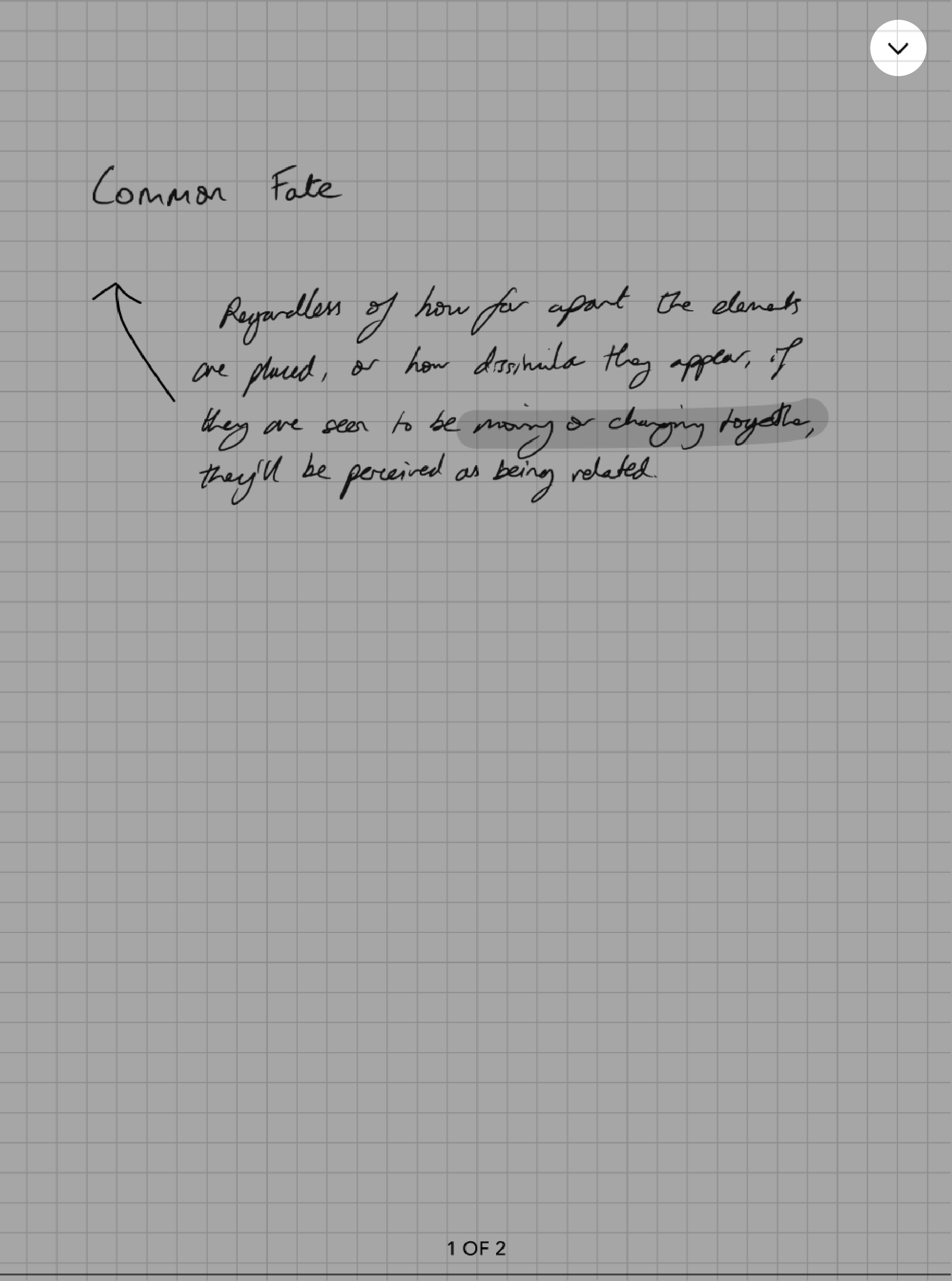Kobo eReader Notebook view with the chevron icon highlighted at the top right corner of the screen.
