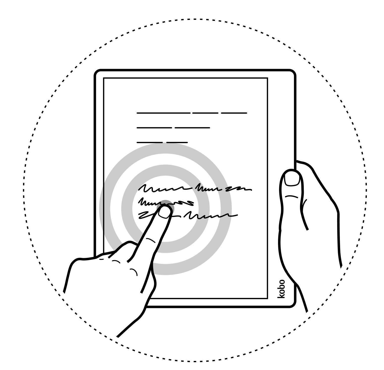 Illustration of tapping  and holding a Kobo eReader screen.