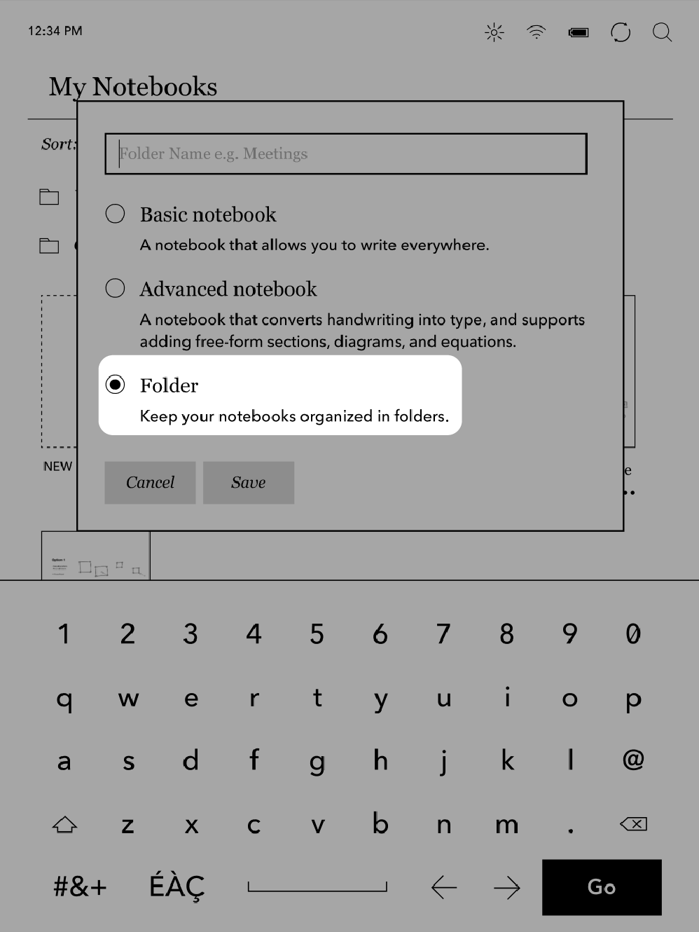 Notebook view with Folder option highlighted.